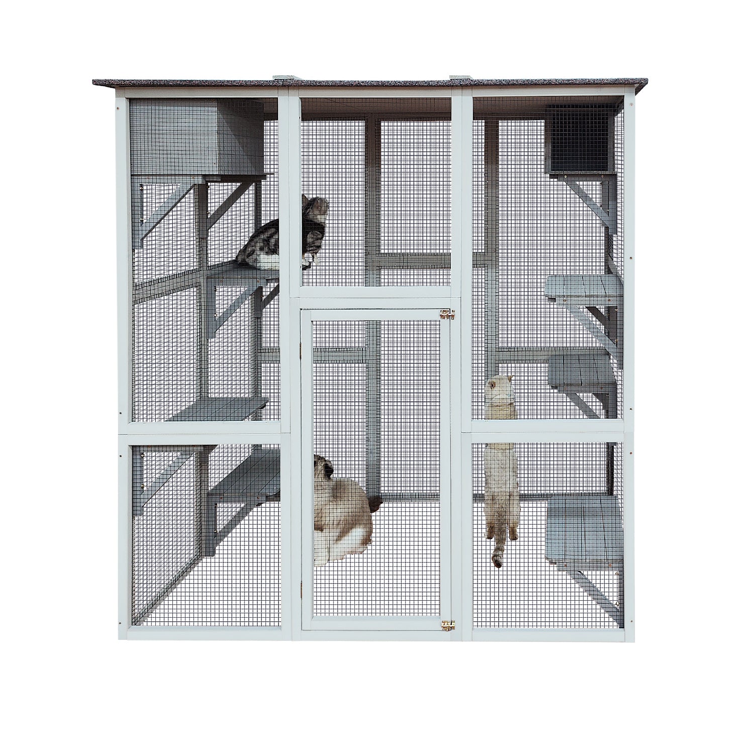 Wooden Catio Cat Enclosure, 71" Gray Cat House Weatherproof Asphalt Roof, Large Solid Wood Cat Cage With 6 Jumping Platforms & 2 Napping Houses, Walk In Cat Kennel Condo Shelter Gray Wood