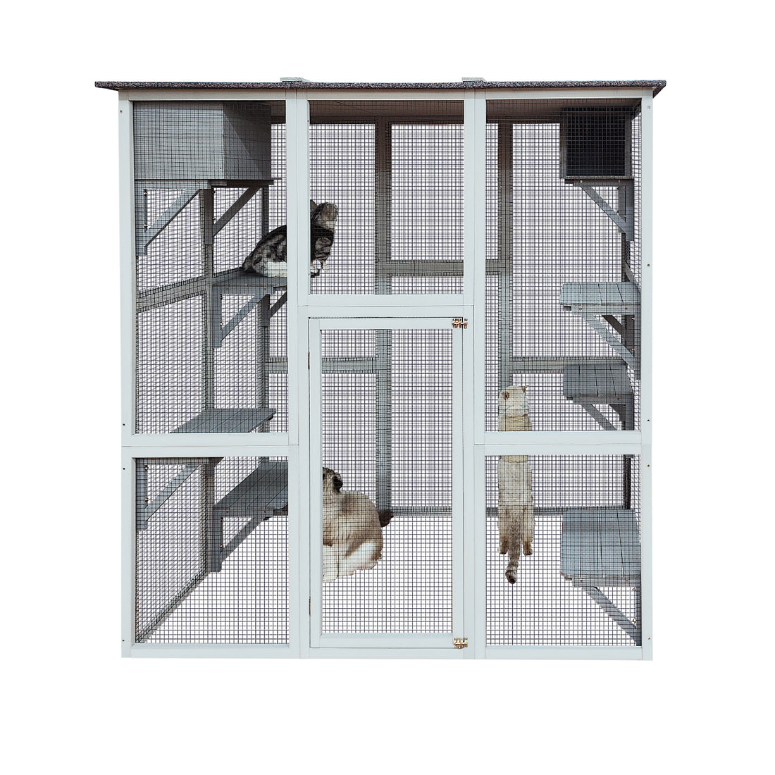 Wooden Catio Cat Enclosure, 71" Cat House Weatherproof Asphalt Roof, Large Solid Wood Cat Cage Playpen With 8 Jumping Platforms & 2 Napping Houses, Walk In Cat Kennel Condo Shelter Gray Wood