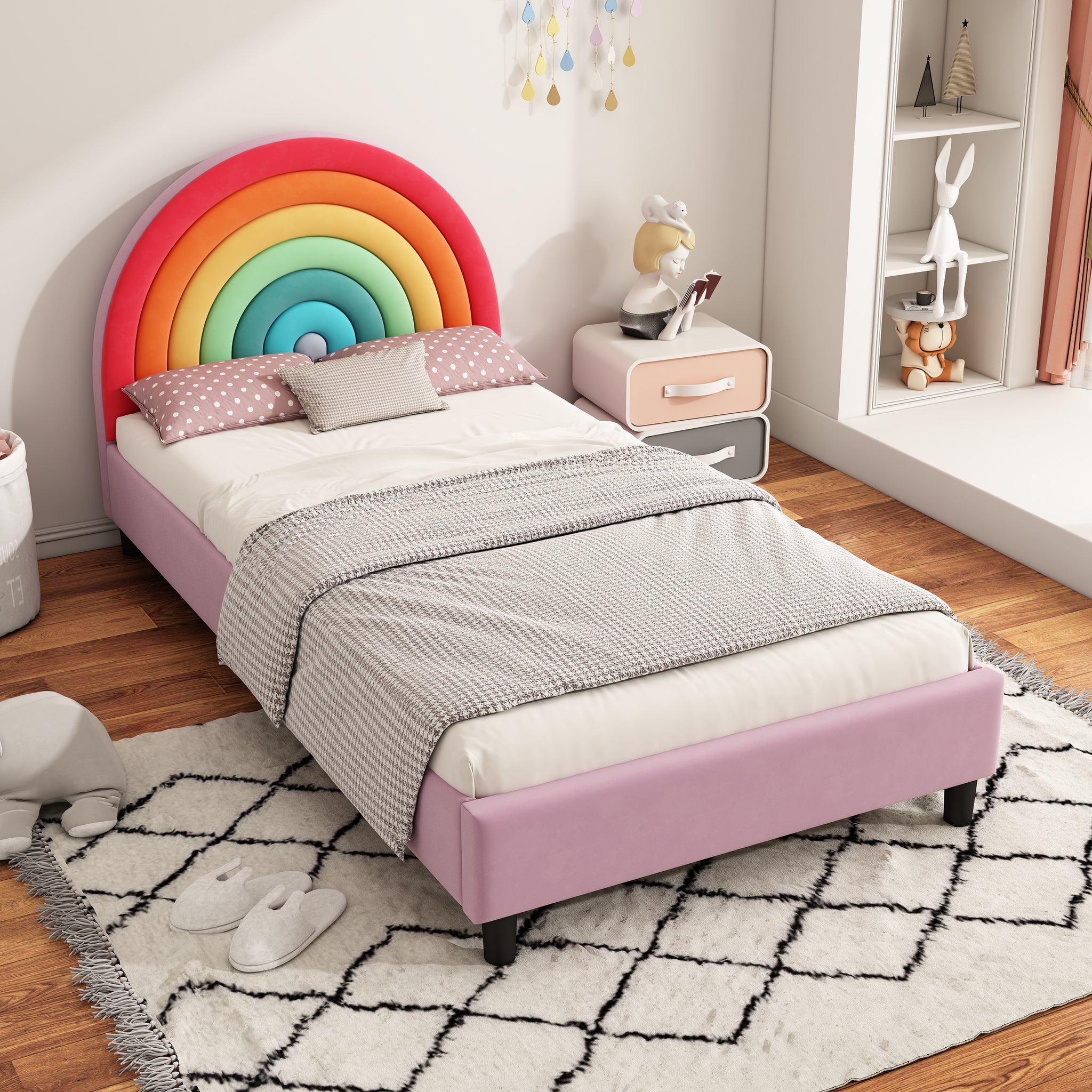 Rainbow Design Upholstered Twin Platform Bed Cute box spring not required-twin-colorful-wood-bed