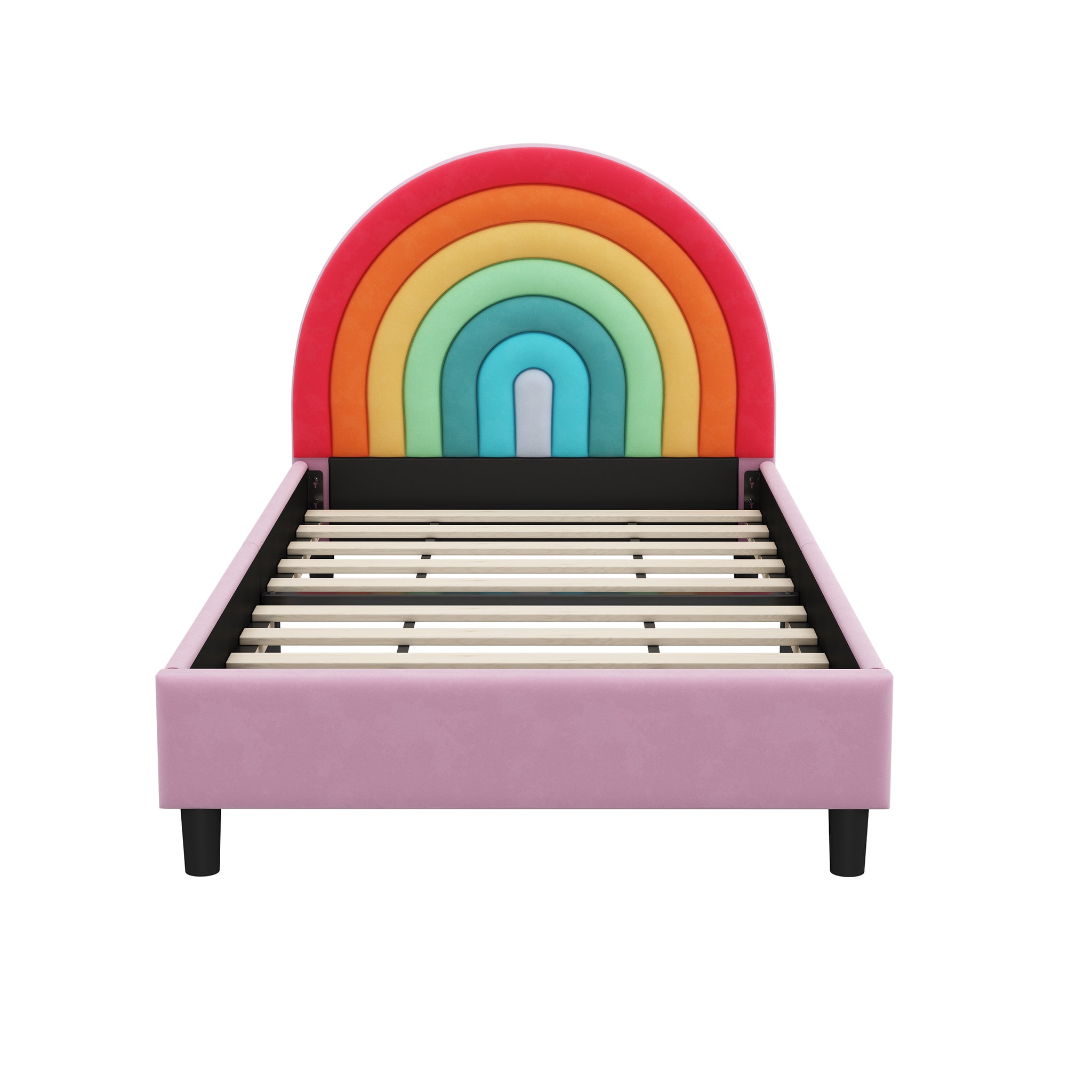 Rainbow Design Upholstered Twin Platform Bed Cute box spring not required-twin-colorful-wood-bed