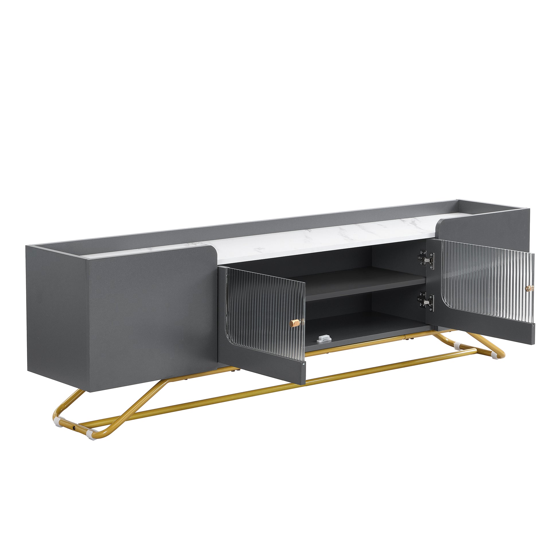 Sleek Design Tv Stand With Fluted Glass, Contemporary Entertainment Center For Tvs Up To 70", Faux Marble Top Tv Console Table With Gold Frame Base, Grey Grey Primary Living Space 70 79 Inches 70 79 Inches Modern 70 Inches Particle Board