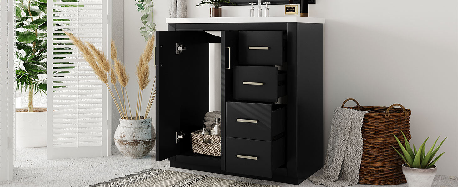 30'' Bathroom Vanity With Resin Sink Combo,Solid Wood Frame Bathroom Storage Cabinet, Freestanding Vanity Set With 3 Drawers& Soft Closing Doors 2 Black 2 1 Adjustable Hinges Bathroom Freestanding Solid Wood Mdf Resin Painted