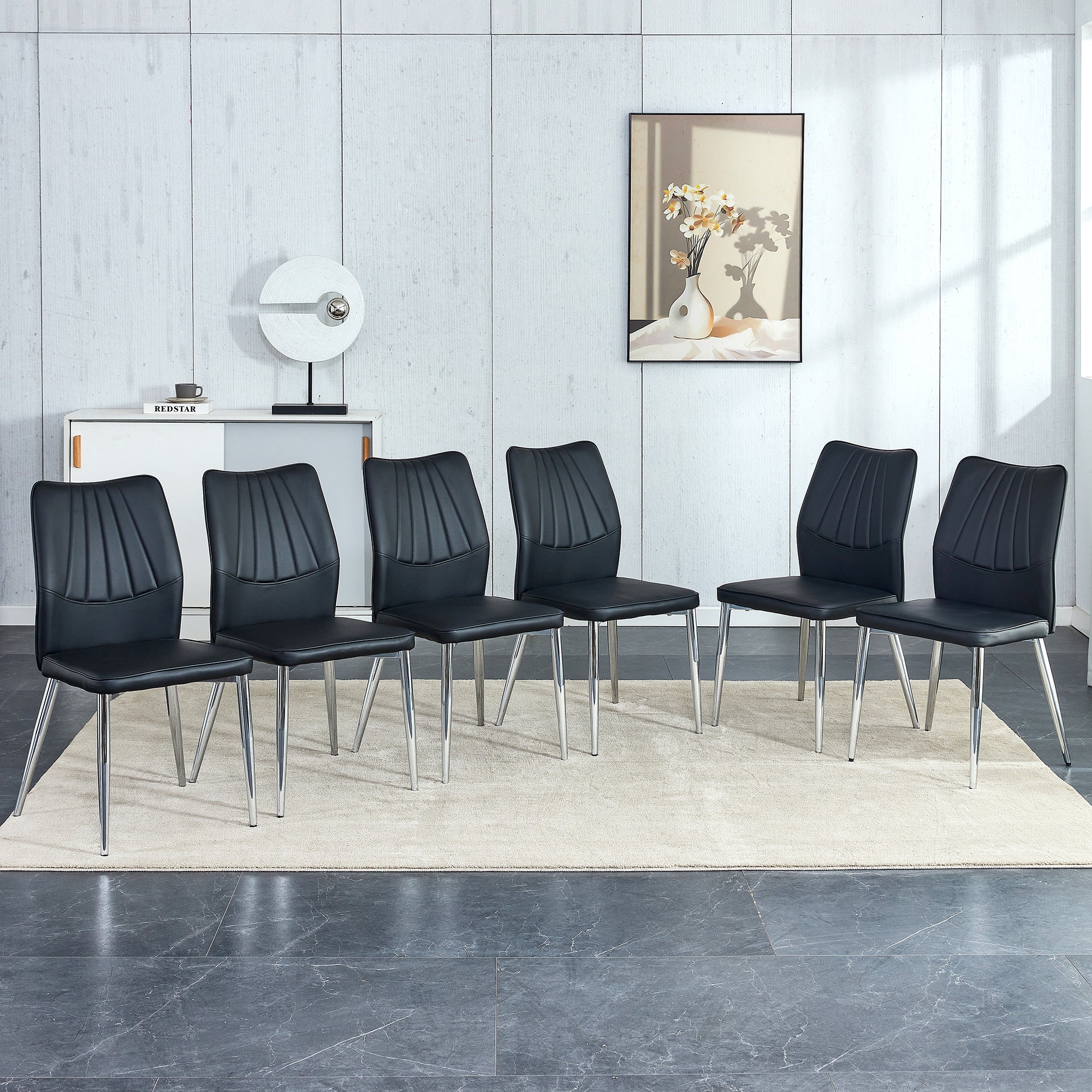 6 Black Dining Chairs. Modern Chairs From The Middle Ages. Made Of Pu Material Cushion And Silver Metal Legs. Suitable For Restaurants And Living Rooms Black Pu