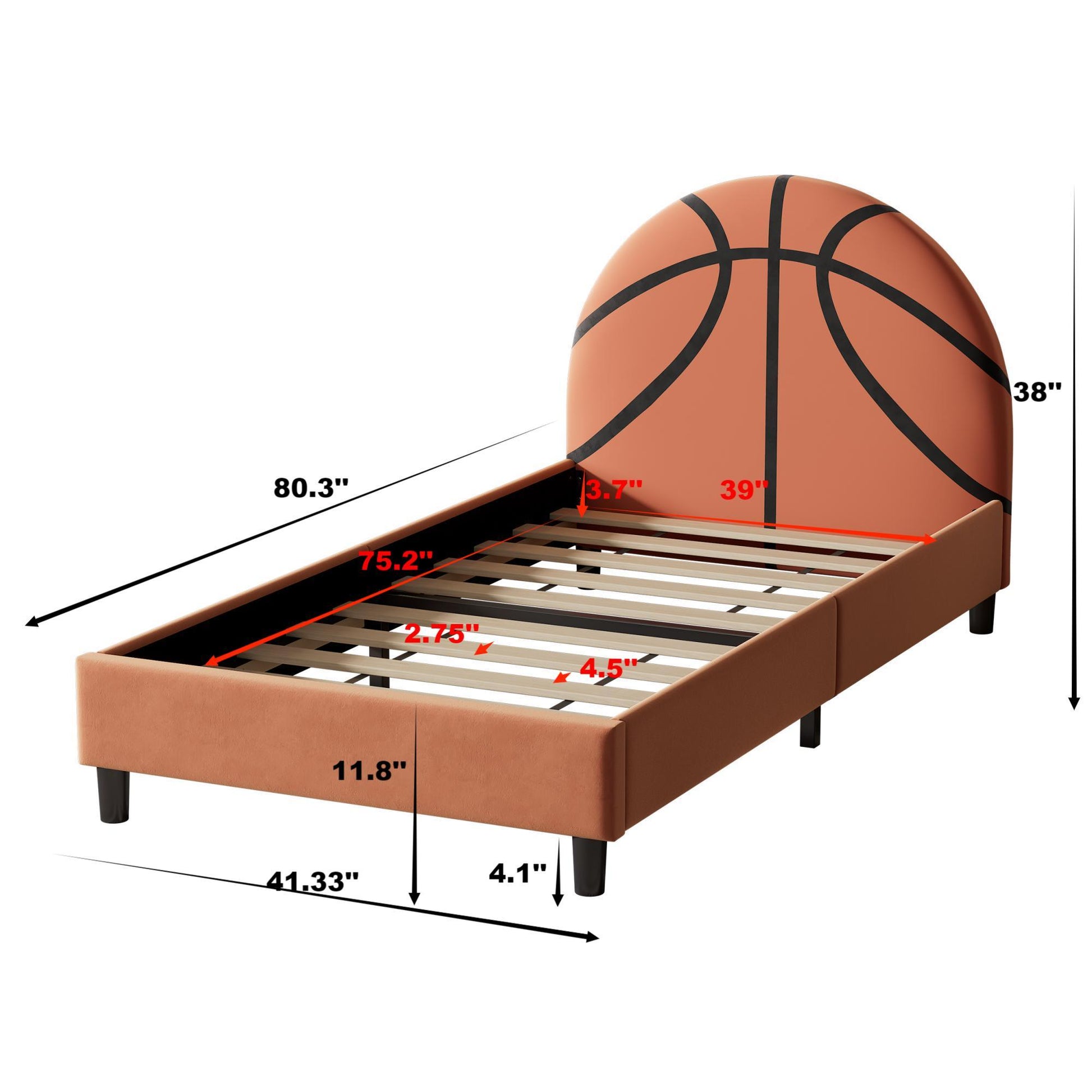 Basketball Design Upholstered Twin Platform Bed Sport Style Bed For Boys & Girls, Teens, Orange Box Spring Not Required Twin Orange Wood Bed Frame Velvet Velvet