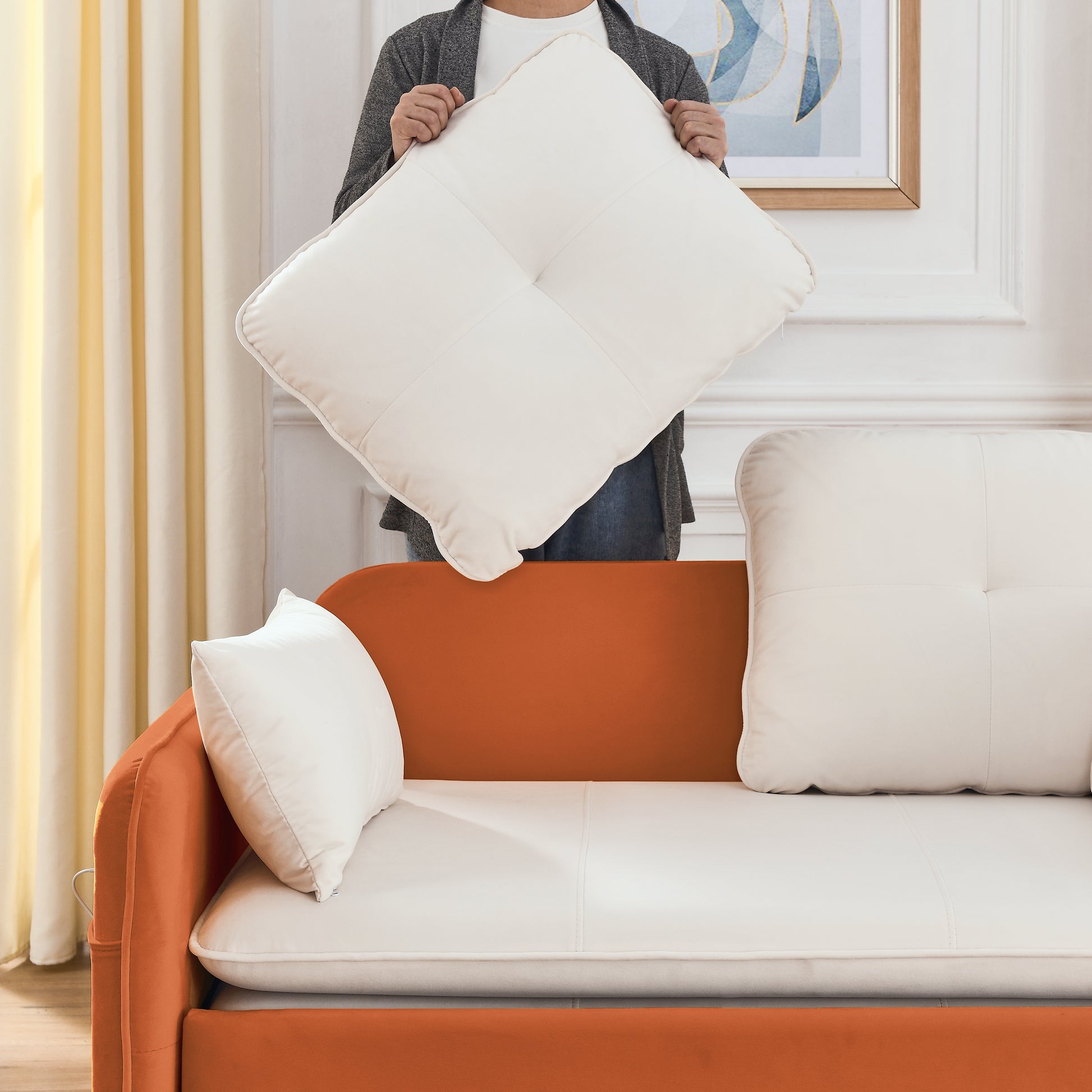 53" Modern Convertible Sofa Bed W 2 Removable Armrests W Usb Power Port, Velvet Recliner Adjustable Sofa W Head Pull Out Bed, 2 Pillows, For Living Room Apartment Etc., White Orange Beige Foam Velvet