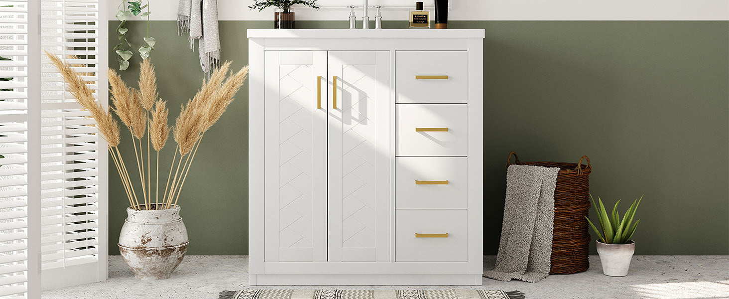 30'' Bathroom Vanity With Resin Sink Combo,Solid Wood Frame Bathroom Storage Cabinet, Freestanding Vanity Set With 3 Drawers& Soft Closing Doors 2 White 2 1 Adjustable Hinges Bathroom Freestanding Solid Wood Mdf Resin Painted