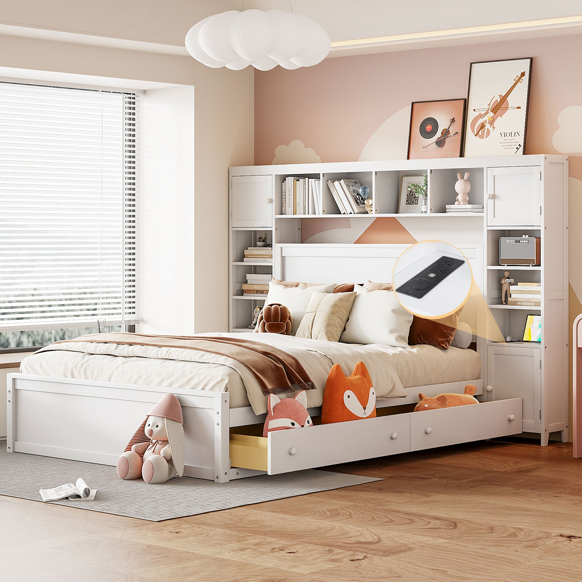Queen Size Wooden Bed With All In One Cabinet, Shelf And Sockets, White White Solid Wood