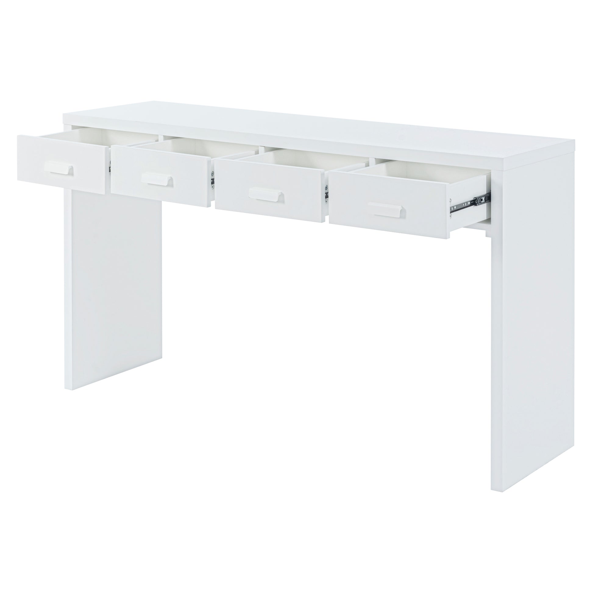 Modern Minimalist Console Table With Open Tabletop And Four Drawers With Metal Handles For Entry Way, Living Room And Dining Room White White Mdf