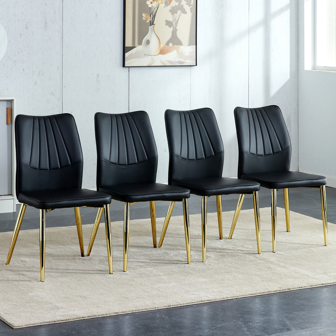 Four Black Dining Chairs. A Medieval Modern Chair Made Of Pu Material With Soft Cushions, Equipped With Golden Metal Legs. Suitable For Restaurants And Living Rooms Black Pu