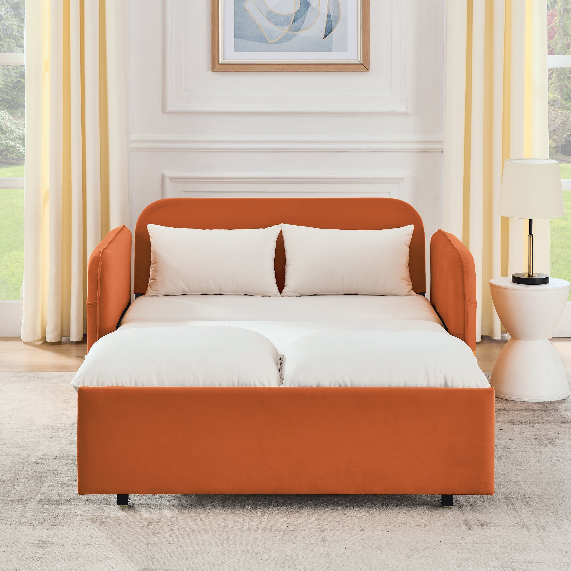 53" Modern Convertible Sofa Bed W 2 Removable Armrests W Usb Power Port, Velvet Recliner Adjustable Sofa W Head Pull Out Bed, 2 Pillows, For Living Room Apartment Etc., White Orange Beige Foam Velvet