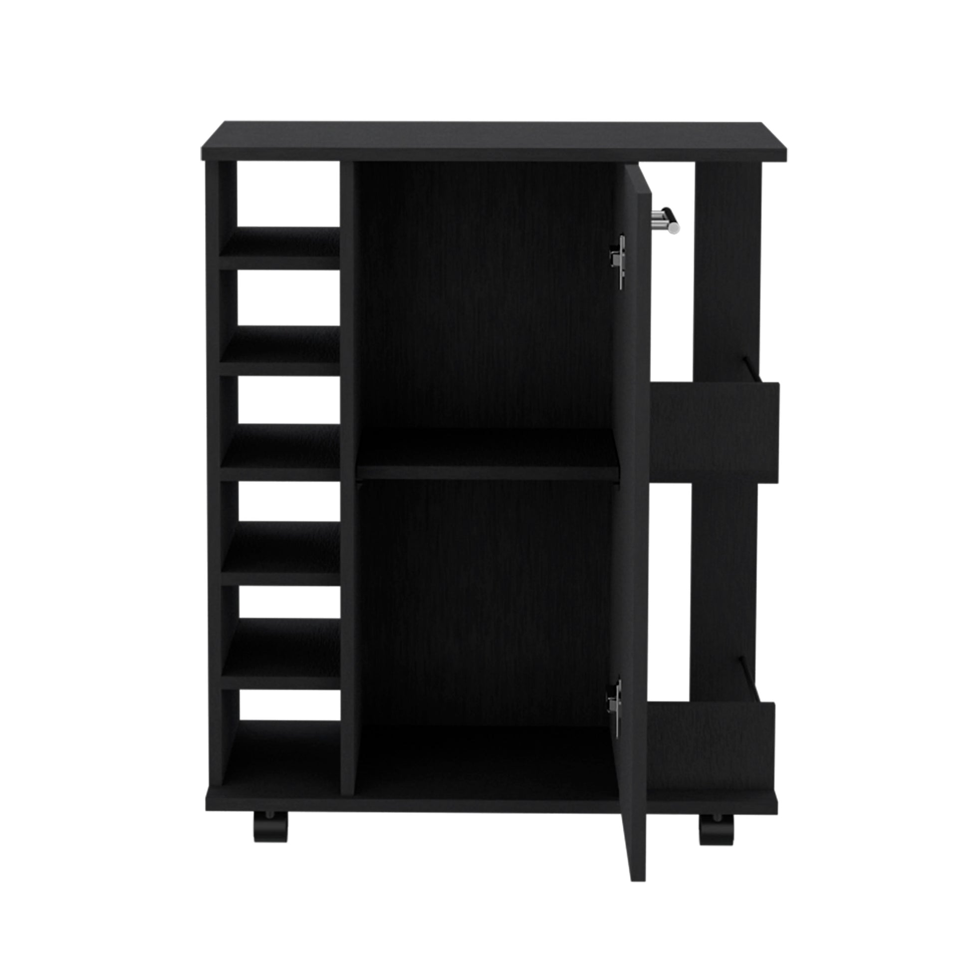 Black 4 Wheel Bar Cart Cabinet For Kitchen Or Living Room, With 6 Side Built In Bottle Racks, 1 Interior Shelve, 2 Side Shelves, 2 Space With Wood Door To Store Glasses, Cups, Coffee Or Snacks Black Pine Particle Board Engineered Wood