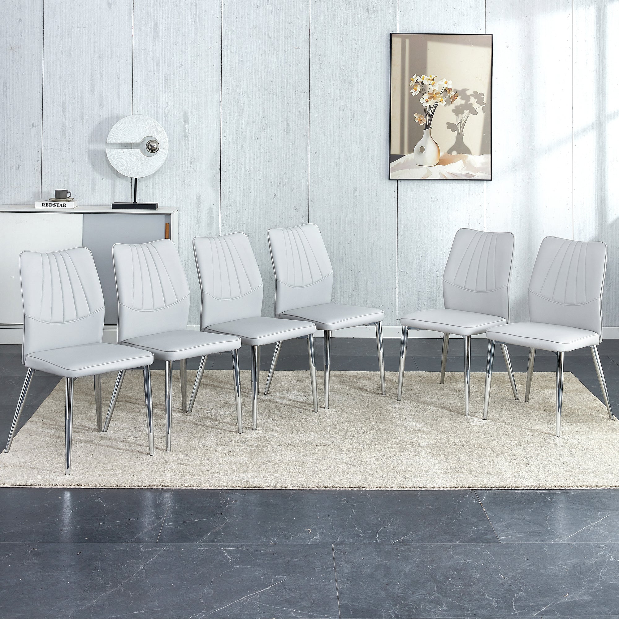 6 Light Gray Dining Chairs. Modern Chairs From The Middle Ages. Made Of Pu Material Cushion And Silver Metal Legs. Suitable For Restaurants And Living Rooms C 009 Light Gray Pu