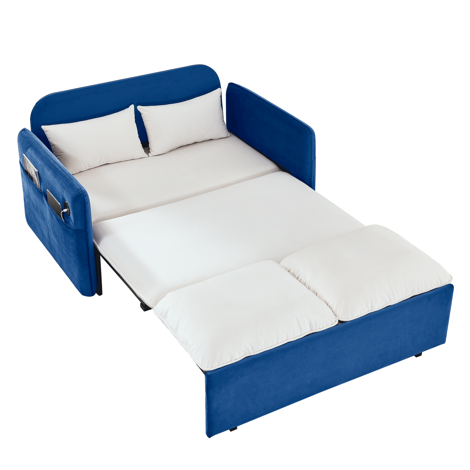 53" Modern Convertible Sofa Bed W 2 Removable Armrests W Usb Power Port, Velvet Recliner Adjustable Sofa W Head Pull Out Bed, 2 Pillows, For Living Room Apartment Etc., White Blue Beige Blue Foam