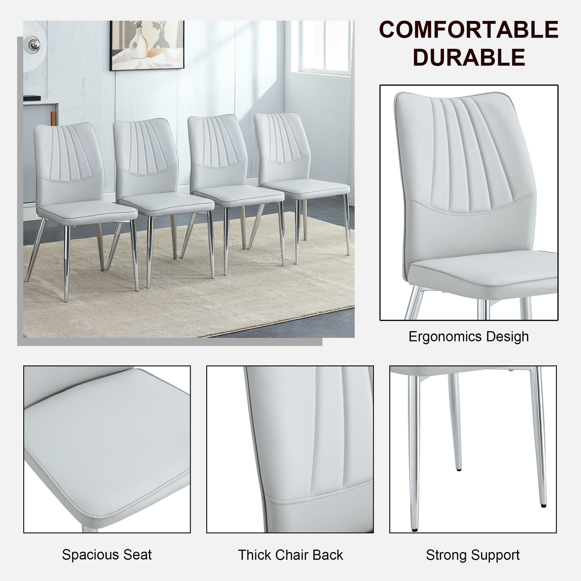 Four Light Gray Dining Chairs. A Medieval Modern Chair Made Of Pu Material With Soft Cushions And Silver Metal Legs. Suitable For Restaurants And Living Rooms Light Gray Pu