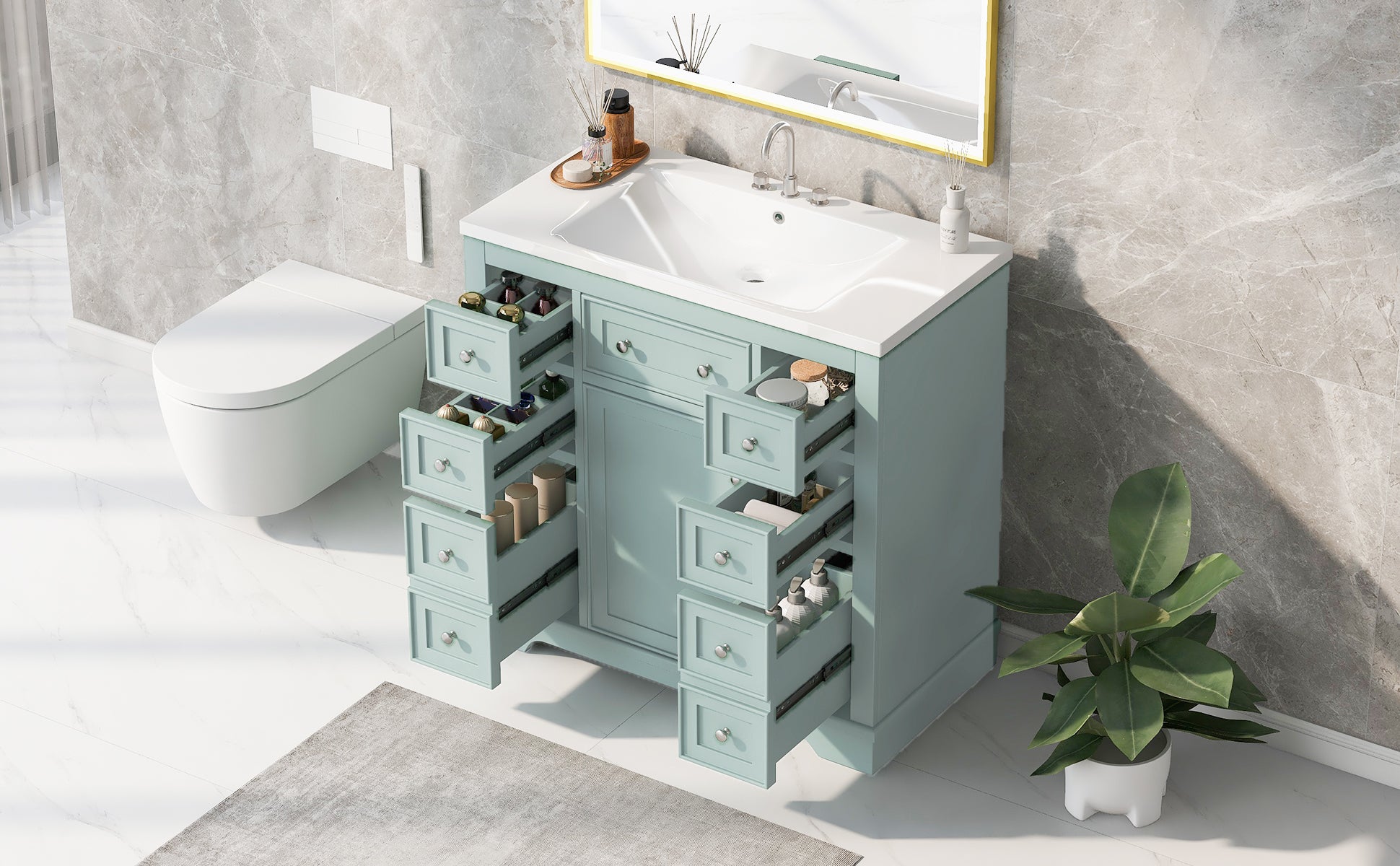 36" Bathroom Vanity With Sink Combo, One Cabinet And Six Drawers, Solid Wood And Mdf Board, Green Green Solid Wood Mdf