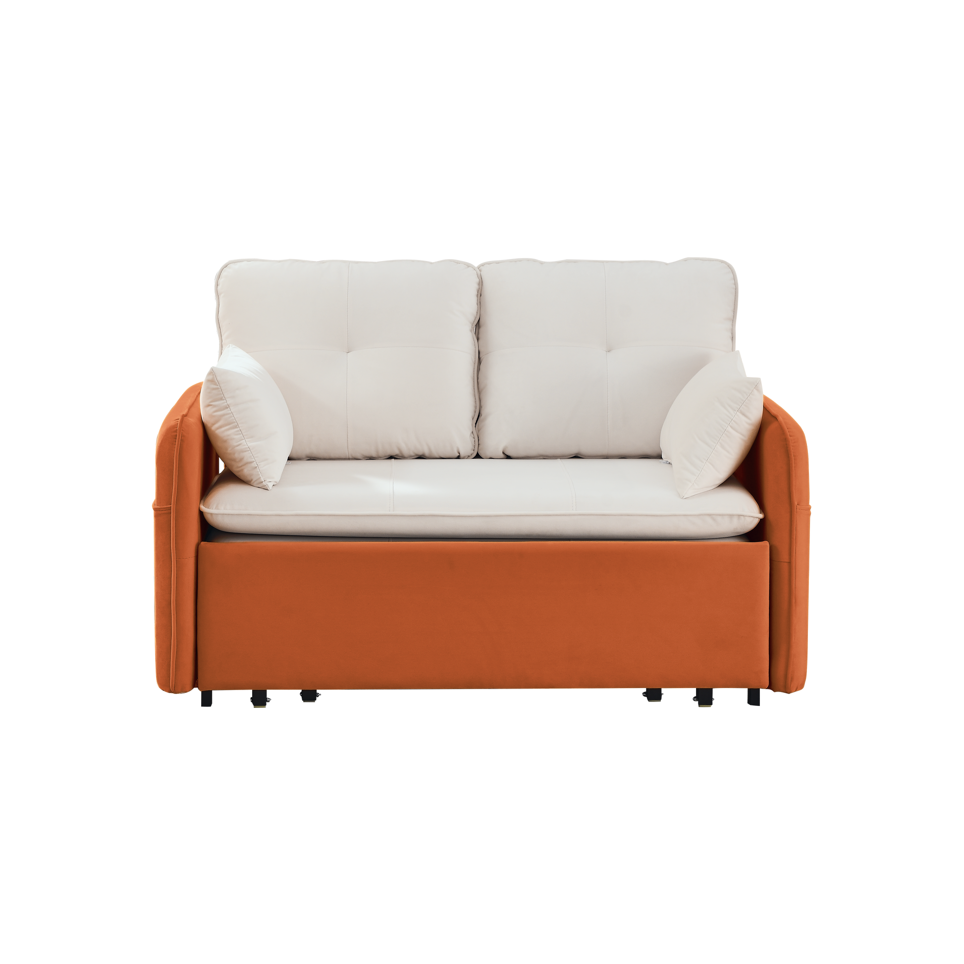 53" Modern Convertible Sofa Bed W 2 Removable Armrests W Usb Power Port, Velvet Recliner Adjustable Sofa W Head Pull Out Bed, 2 Pillows, For Living Room Apartment Etc., White Orange Beige Foam Velvet