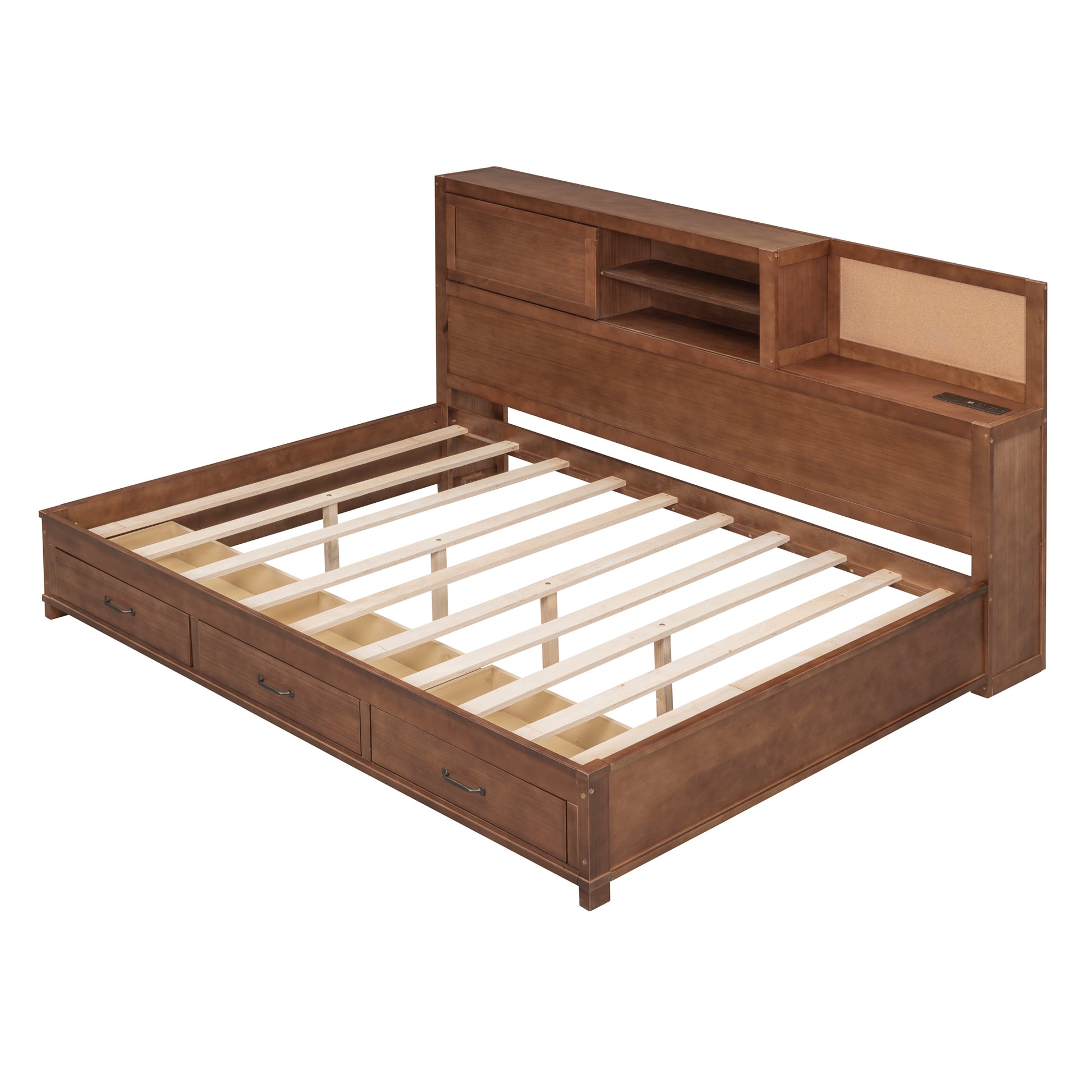 Full Size Wooden Daybed With 3 Storage Drawers, Upper Soft Board, Shelf, And A Set Of Sockets And Usb Ports, Brown Brown Solid Wood Mdf