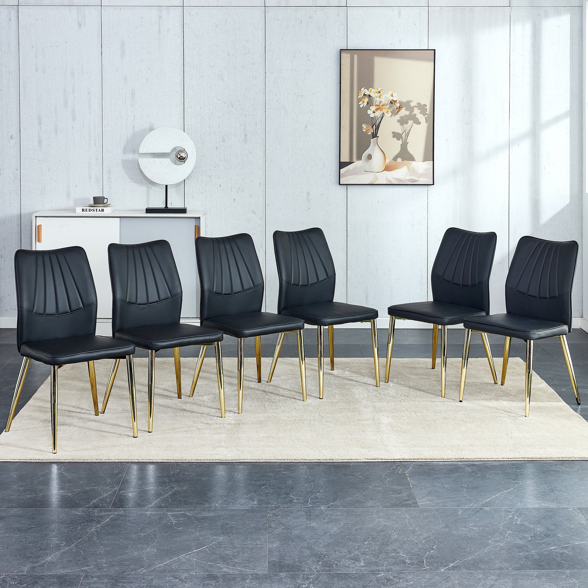 Six Black Dining Chairs. Modern Chairs From The Middle Ages. Made Of Pu Material Cushion And Golden Metal Legs. Suitable For Restaurants And Living Rooms.C 009 Black Pu