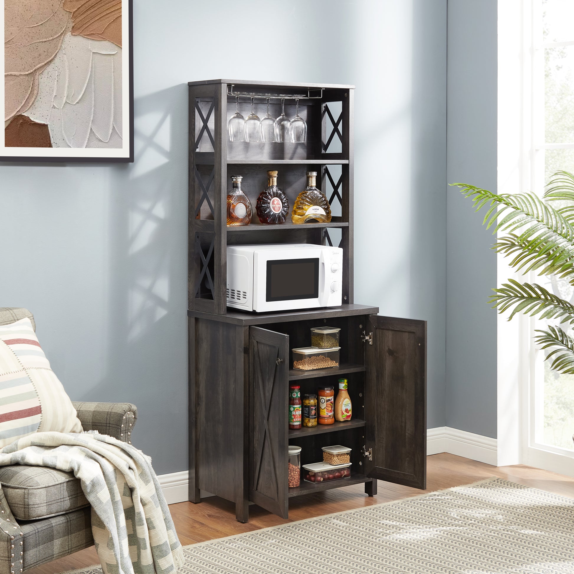 Coffee Bar Cabinet Kitchen Cabinet With Microwave Stand Metal Frame Side Home Source Bar Cabinet Cabinet And Hollow Out Barn Design Wood Cabinet L26.77''*W15.75''*H67.32'' Charcoal Gray Charcoal Grey Cabinets Included Mdf