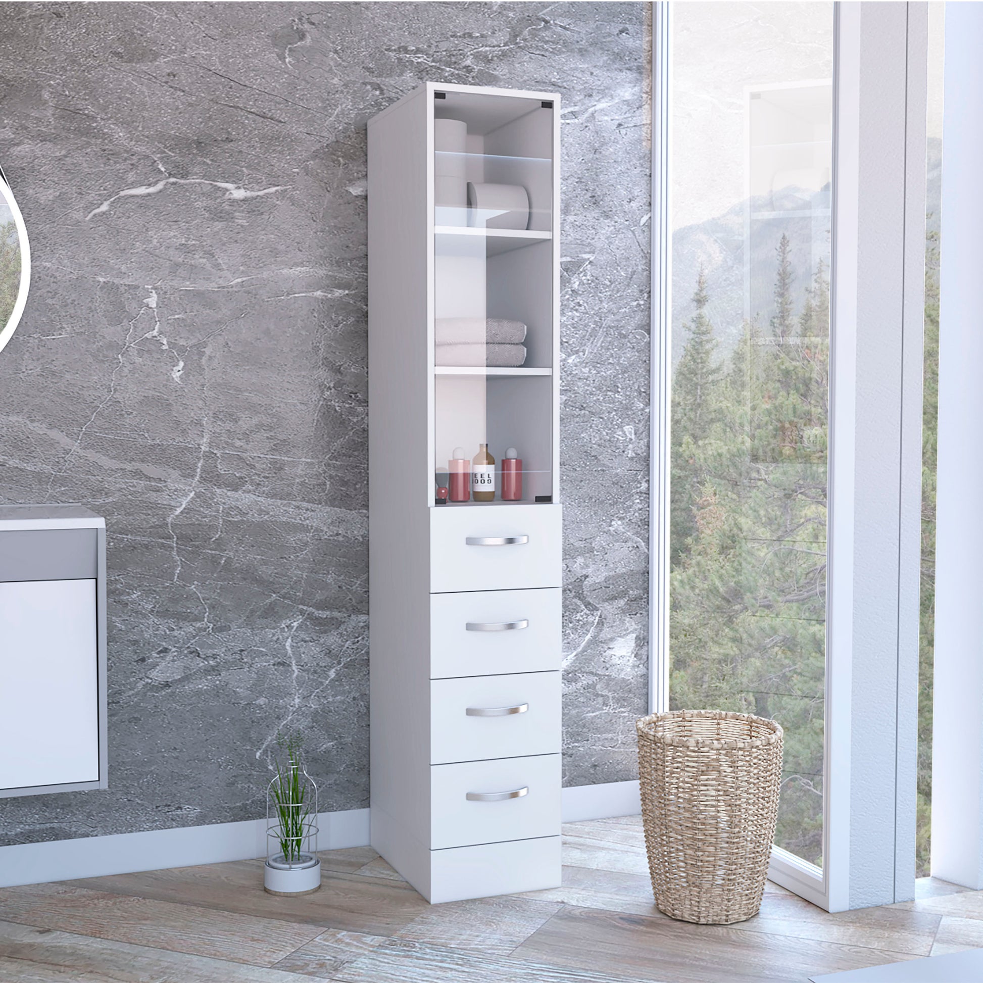 68H" Linen Cabinet, Three Shelves, Four Drawers And Metal Handles, White 4 White 3 Bathroom Freestanding Modern Particle Board Particle Board