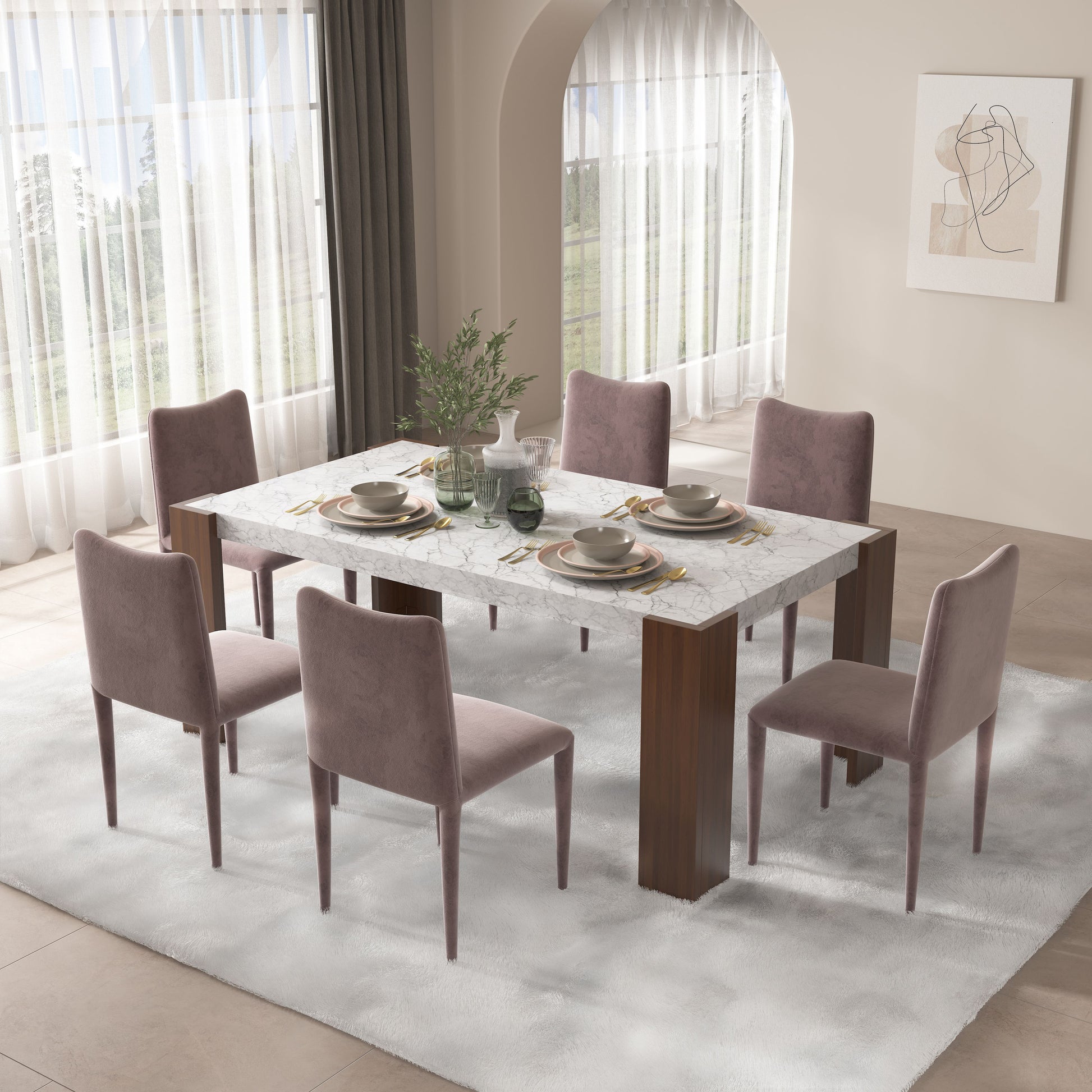 Hettie Dining Table, Engineering Stone & Brown Finish Dn02157 Brown Marble
