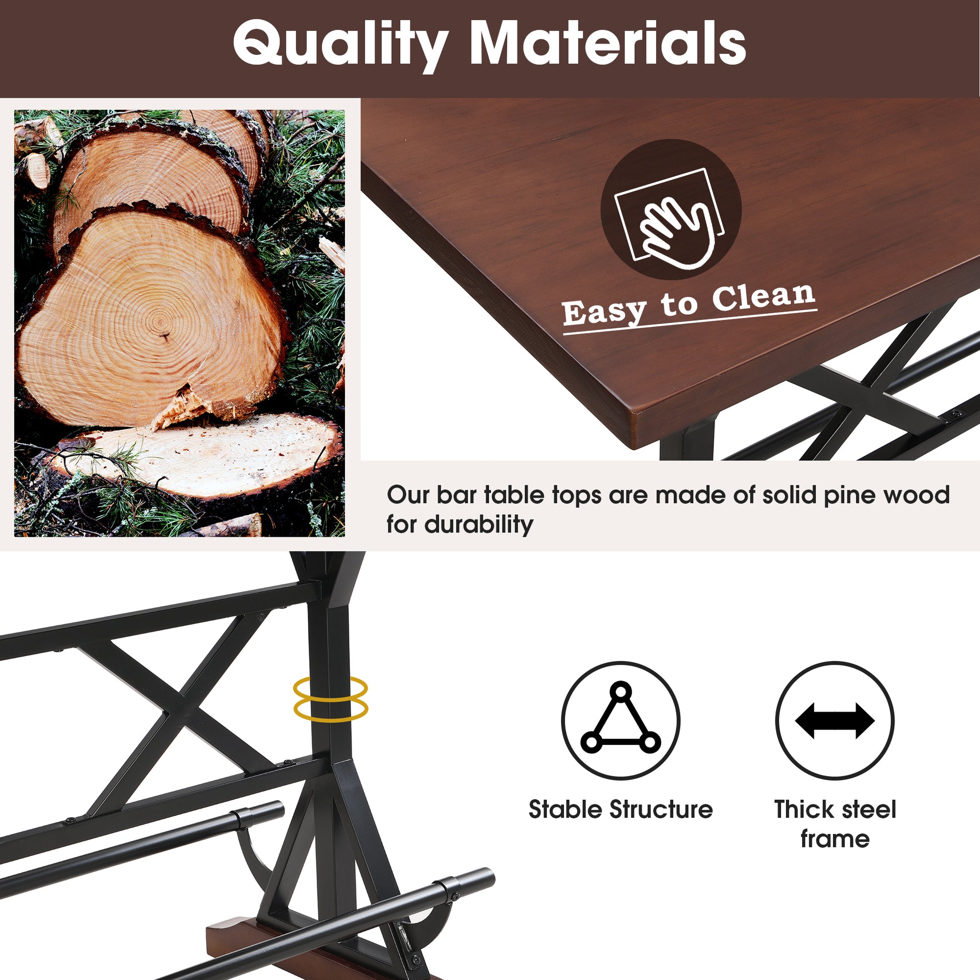5 Piece Dining Table Set, 59" Wooden Sofa Side Table With Stabilizing Base, Rustic Brown Industrial Adjustable Height Chairs, Modern Bar Table And Chairs For Living Room, Dining Room, And Space Saving Metal Espresso Wood Classic Rectangular Solid Wood