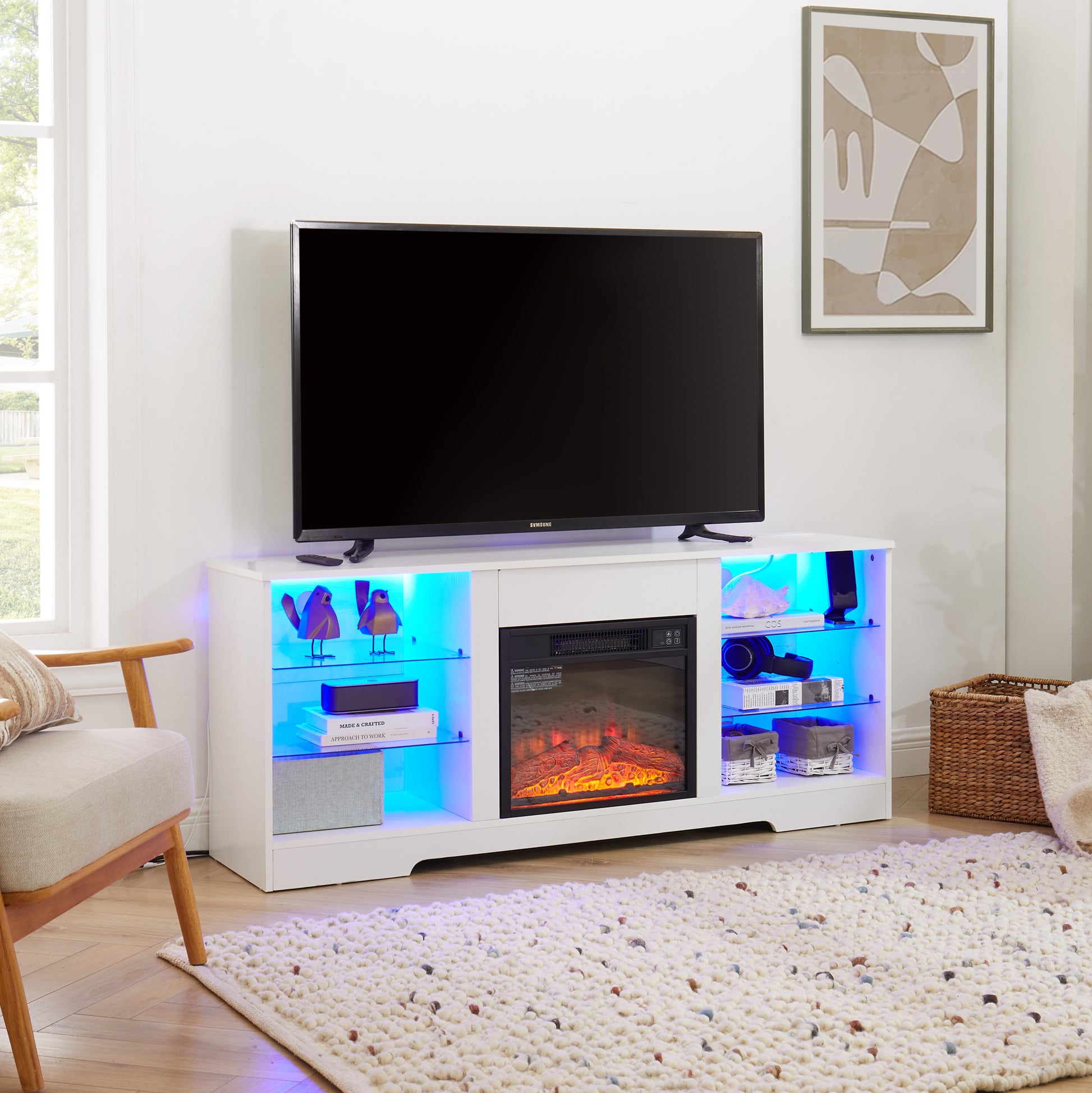 Tv Stand Electric Fireplace Tv Stand With Glass Shelves, 3D Fireplace Tv Stand With Led Lights Wood With Usb Charging Outlet Modern Television Table Center For Tv Up To 32 62" White 58''W*15.5''D*24.4 White 50 59 Inches Mdf