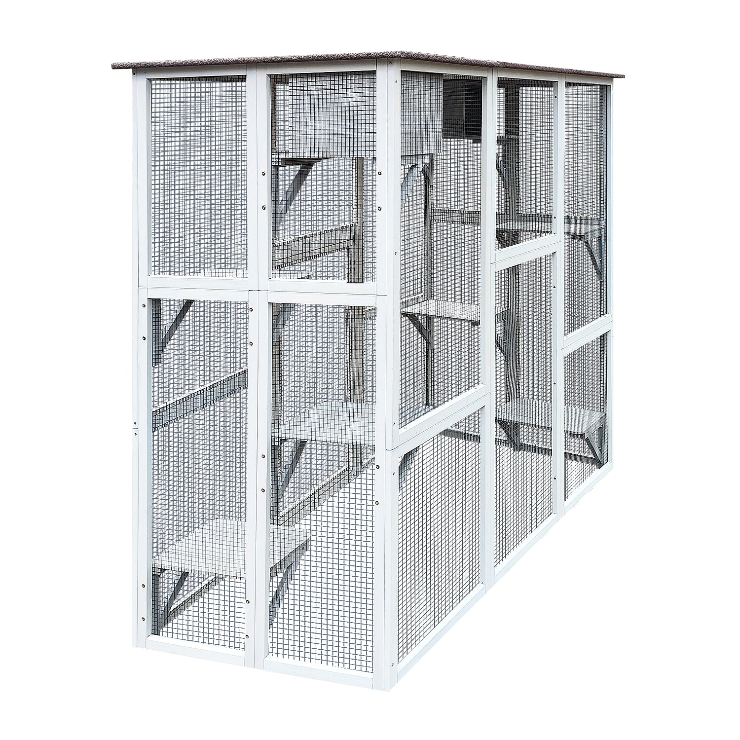 Wooden Catio Cat Enclosure, 71" Cat House Weatherproof Asphalt Roof, Large Solid Wood Cat Cage Playpen With 8 Jumping Platforms & 2 Napping Houses, Walk In Cat Kennel Condo Shelter Gray Wood