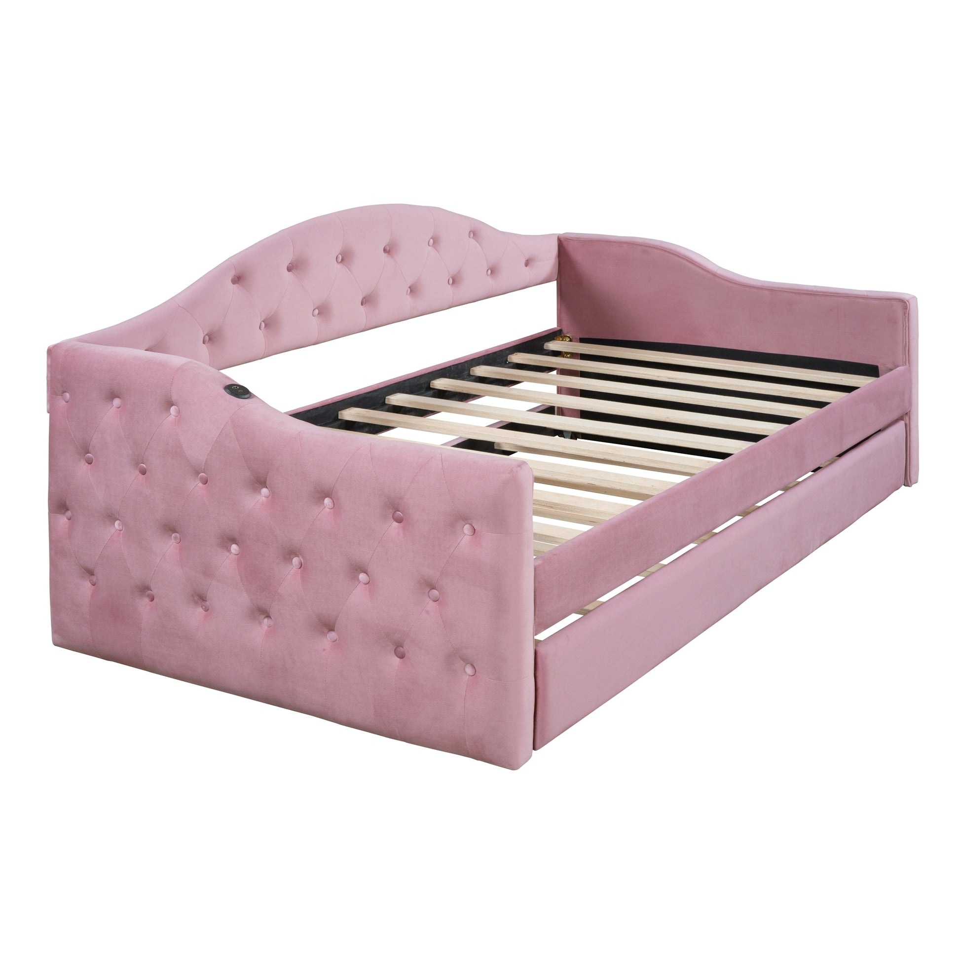 Twin Size Tufted Upholstered Daybed With Trundle ,Velvet Sofabed With Usb&Type C Charging Ports,No Box Spring Needed, Pink Pink Velvet