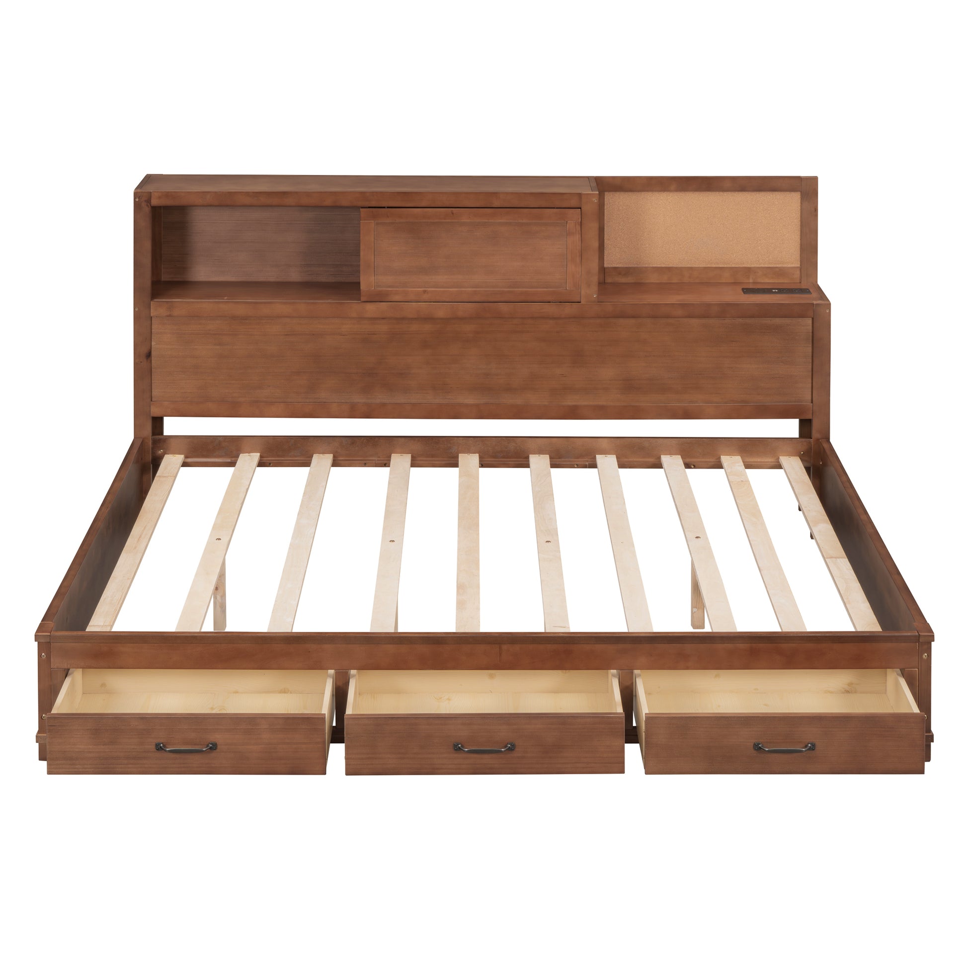 Full Size Wooden Daybed With 3 Storage Drawers, Upper Soft Board, Shelf, And A Set Of Sockets And Usb Ports, Brown Brown Solid Wood Mdf