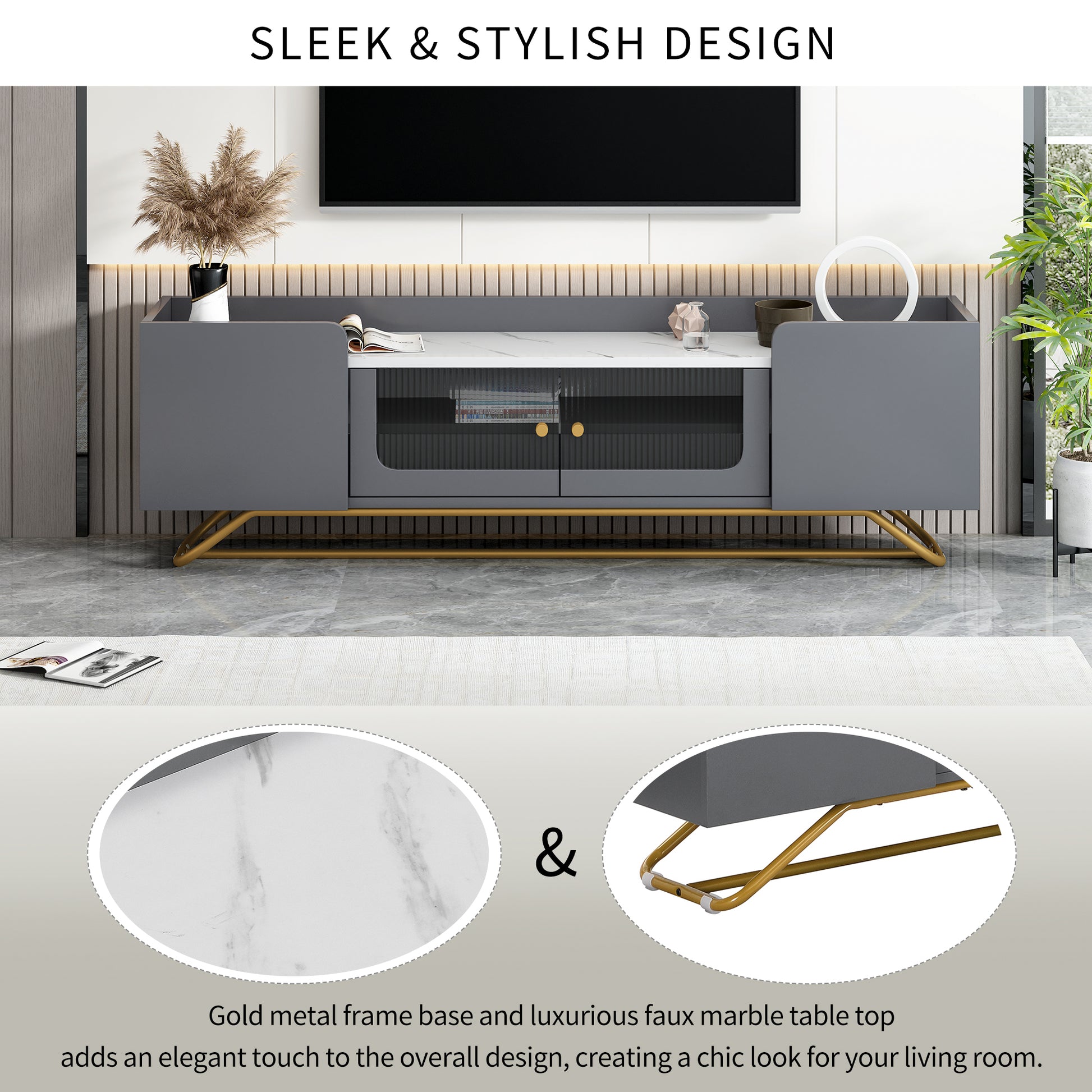 Sleek Design Tv Stand With Fluted Glass, Contemporary Entertainment Center For Tvs Up To 70", Faux Marble Top Tv Console Table With Gold Frame Base, Grey Grey Primary Living Space 70 79 Inches 70 79 Inches Modern 70 Inches Particle Board