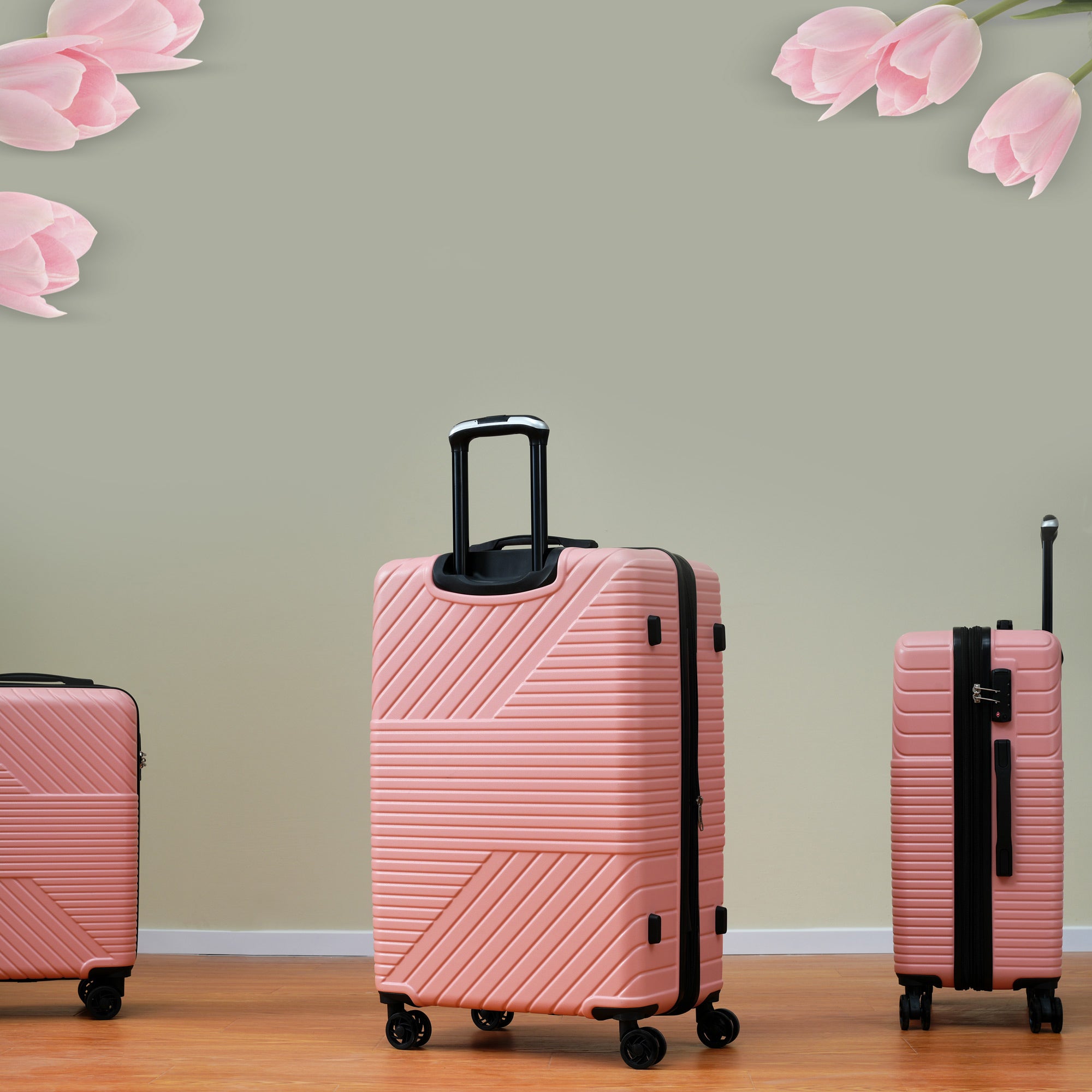 Hardshell Luggage Sets 3 Piece double spinner 8 wheels pink-abs