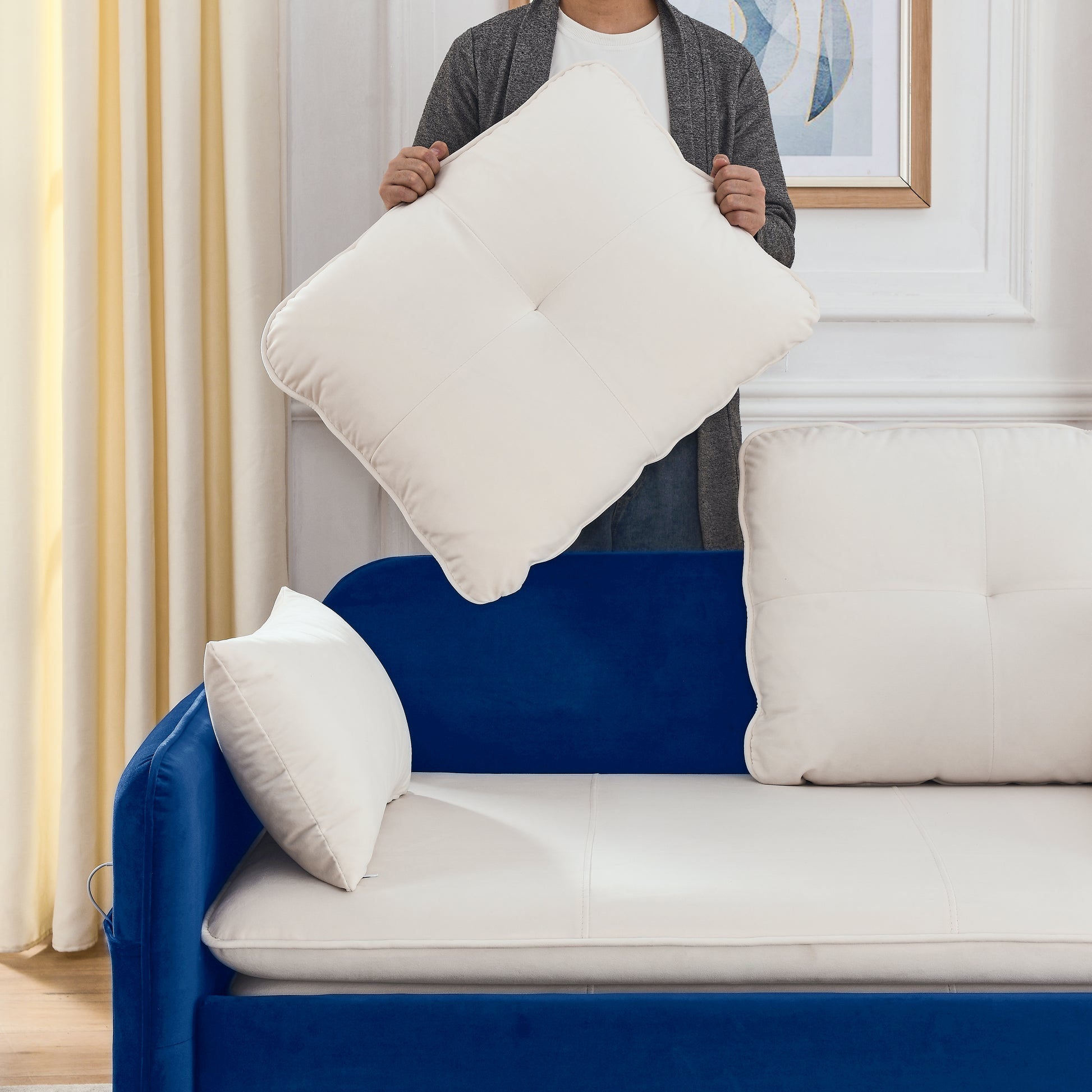 53" Modern Convertible Sofa Bed W 2 Removable Armrests W Usb Power Port, Velvet Recliner Adjustable Sofa W Head Pull Out Bed, 2 Pillows, For Living Room Apartment Etc., White Blue Beige Blue Foam