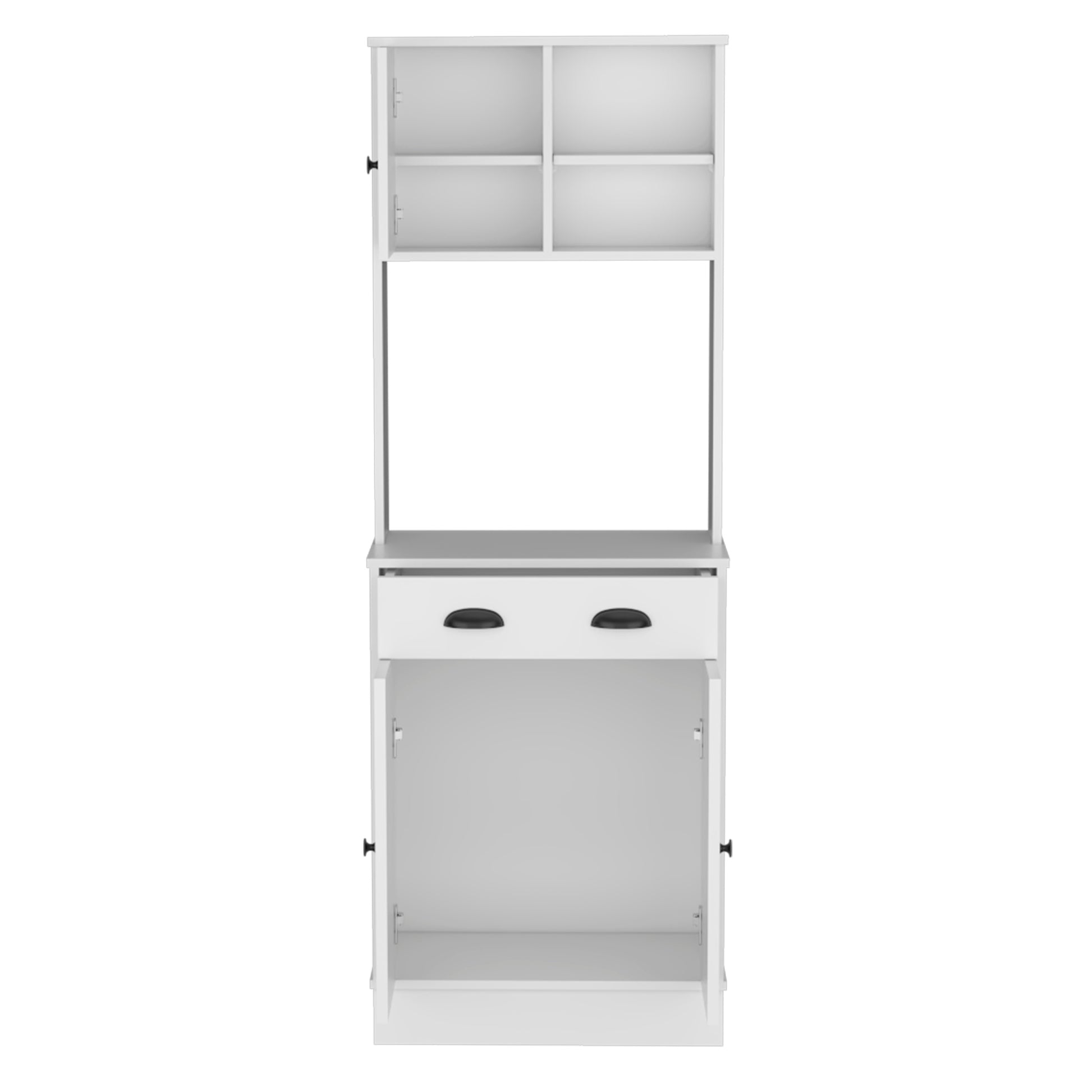 Kitchen Pantry 67" H, Two Cabinets, Three Doors, Two Open Shelves, One Drawer, Microwave Storage Option, White White White Contemporary,Modern Pine Particle Board Engineered Wood