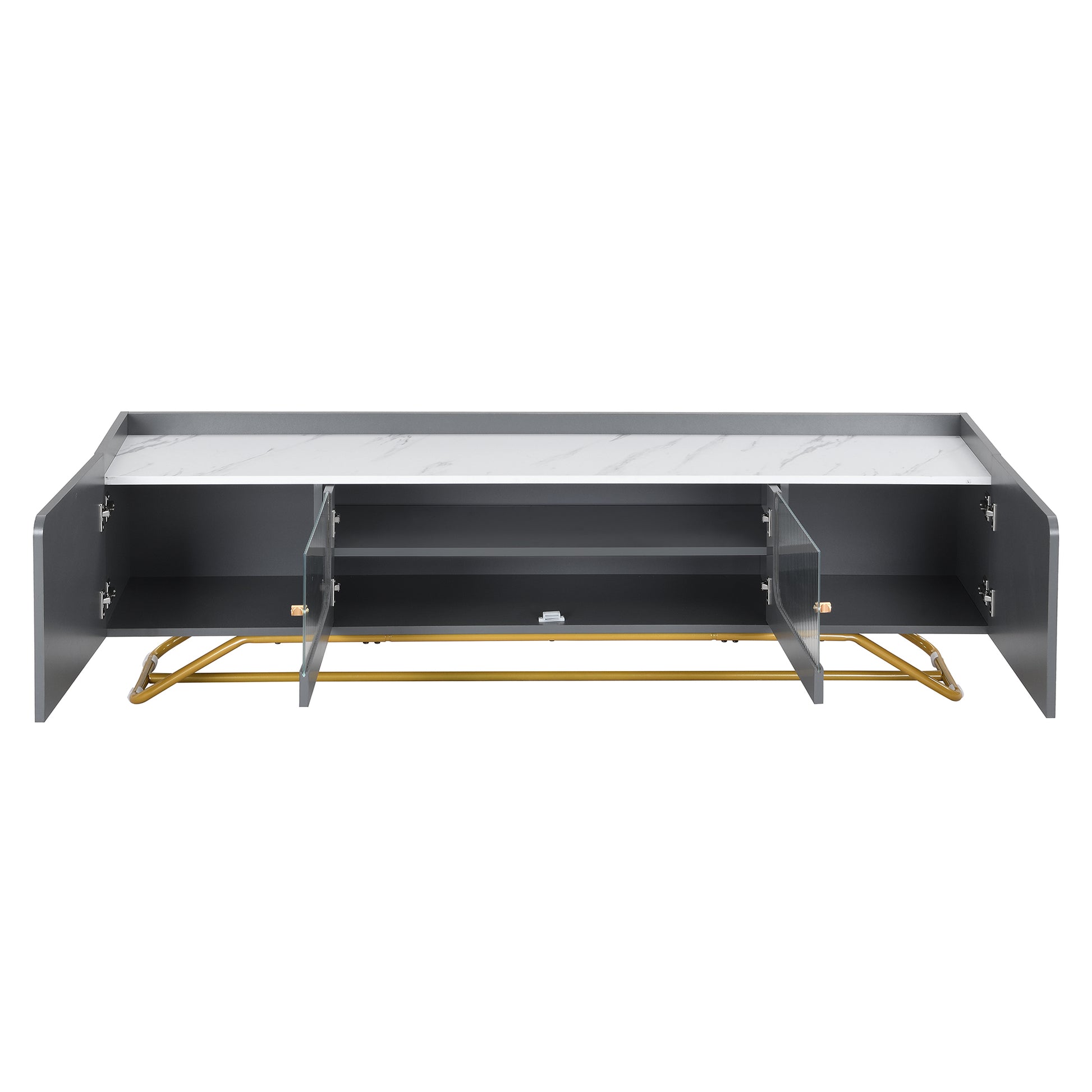 Sleek Design Tv Stand With Fluted Glass, Contemporary Entertainment Center For Tvs Up To 70", Faux Marble Top Tv Console Table With Gold Frame Base, Grey Grey Primary Living Space 70 79 Inches 70 79 Inches Modern 70 Inches Particle Board