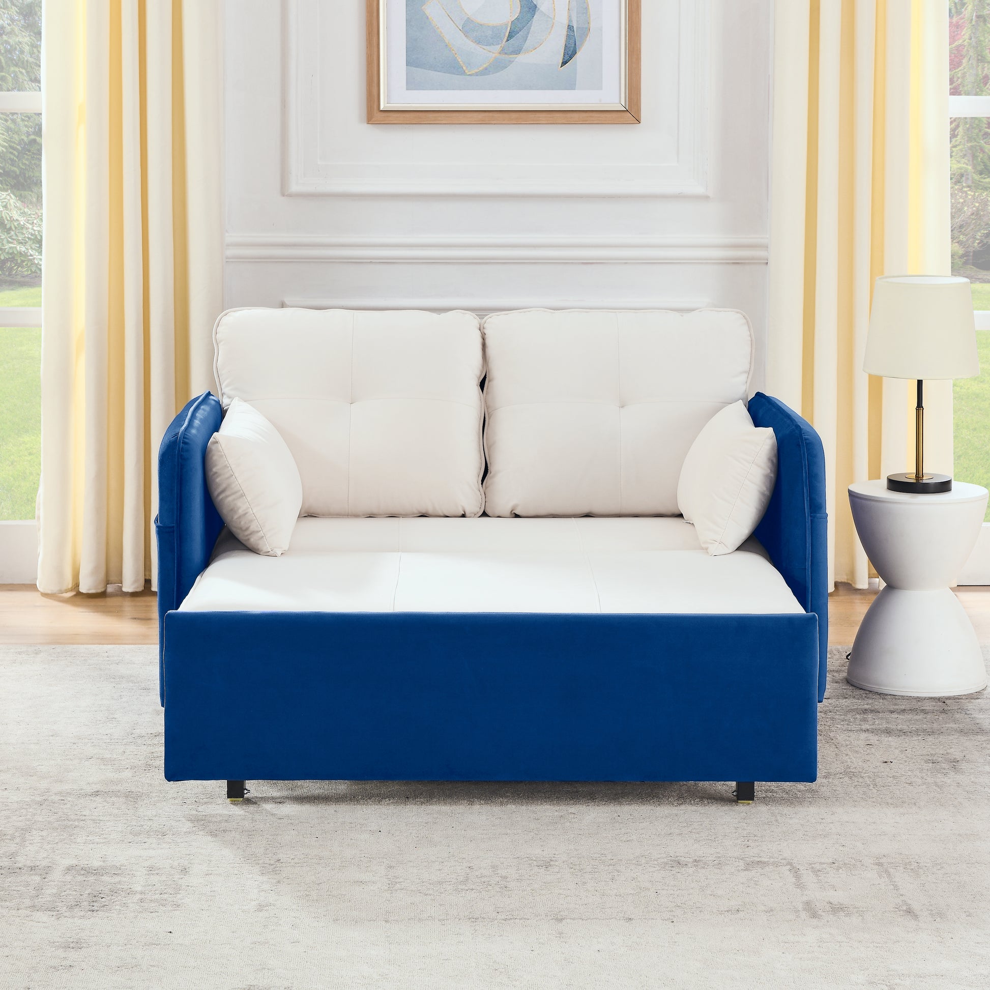 53" Modern Convertible Sofa Bed W 2 Removable Armrests W Usb Power Port, Velvet Recliner Adjustable Sofa W Head Pull Out Bed, 2 Pillows, For Living Room Apartment Etc., White Blue Beige Blue Foam