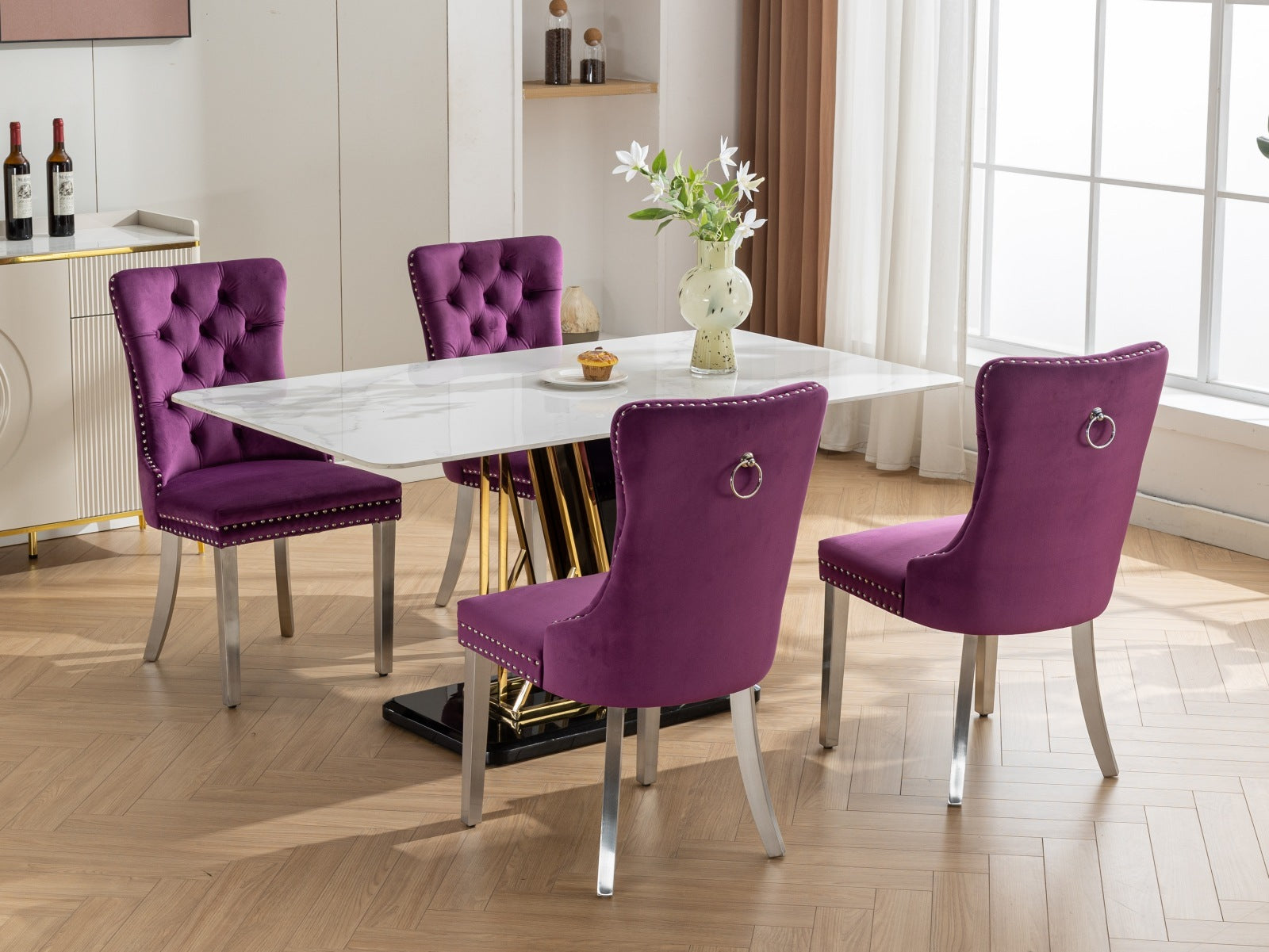 Nikki Collection Modern, High End Tufted Solid Wood Contemporary Velvet Upholstered Dining Chair With Chrome Stainless Steel Plating Legs,Nailhead Trim,Set Of 2,Purple And Chrome, Sw1701Pp Purple Dining Room American Traditional Rubberwood Set Of 2 Foam