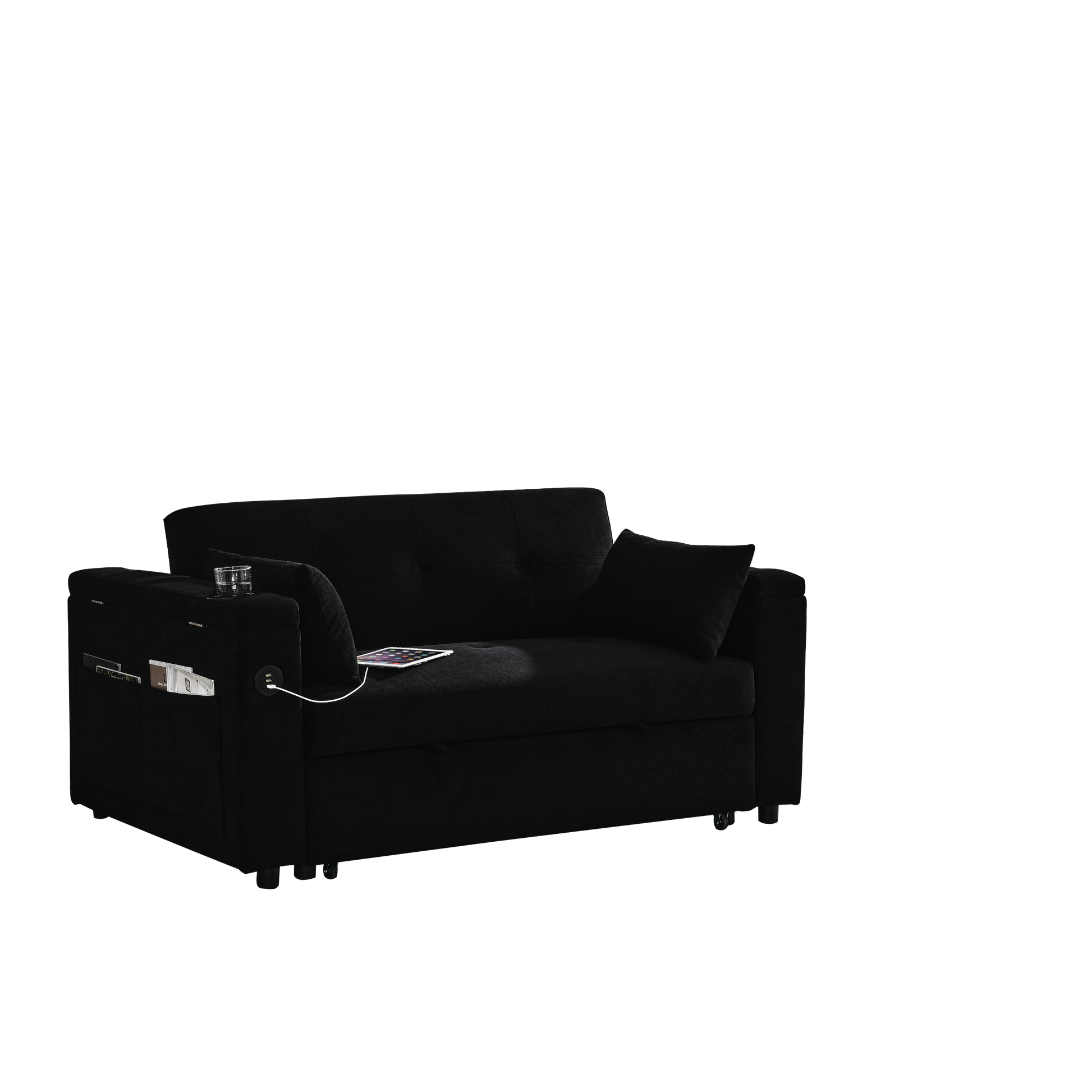 54" Pull Out Sleeper Sofa Bed Double Seat Recliner Sofa Bed With Armrests With Storage And Side Pockets, Adjustable Backrest And Lumbar Pillow For Apartments, Living Rooms, Etc. With Usb Power Outlet Black Foam Chenille 2 Seat