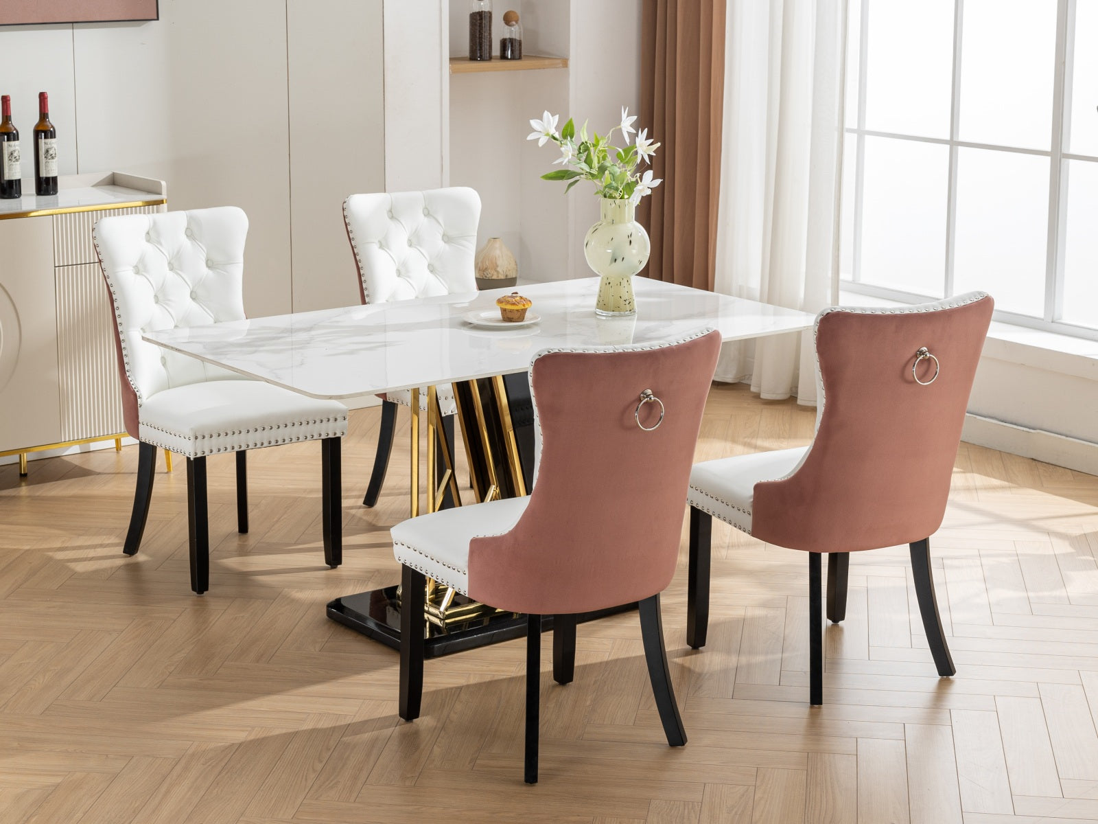 Nikki Collection Modern, High End Tufted Solid Wood Contemporary Pu And Velvet Upholstered Dining Chair With Wood Legs Trim 2 Pcs Set, White Pink, Sw2101Wp White Pink Dining Room American Design