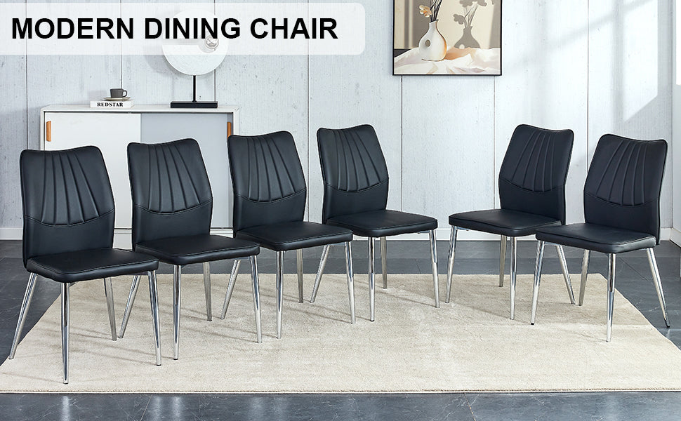 6 Black Dining Chairs. Modern Chairs From The Middle Ages. Made Of Pu Material Cushion And Silver Metal Legs. Suitable For Restaurants And Living Rooms Black Pu