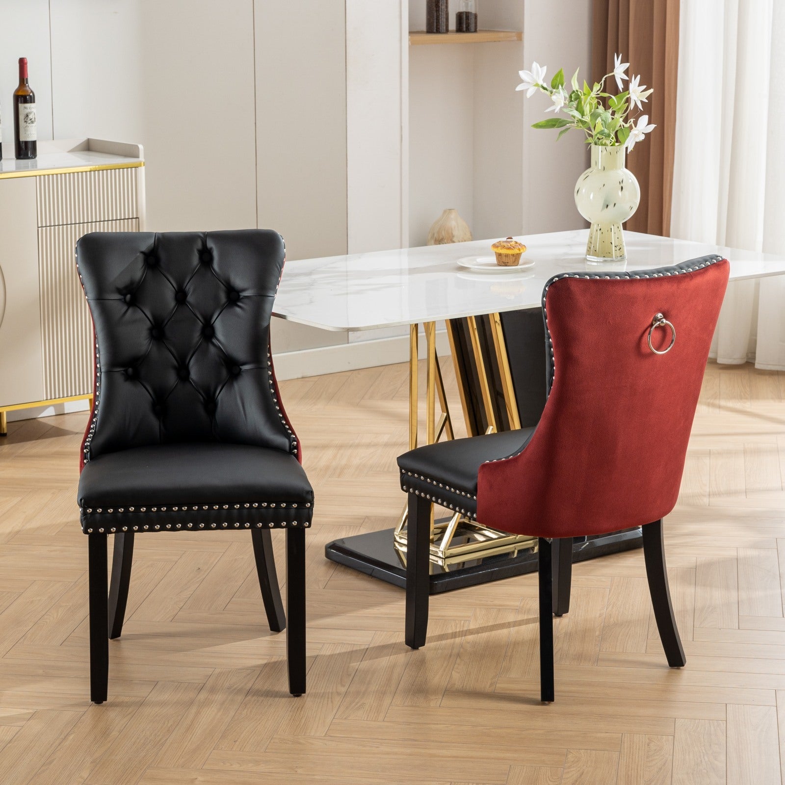 Nikki Collection Modern, High End Tufted Solid Wood Contemporary Pu And Velvet Upholstered Dining Chair With Wood Legs Trim 2 Pcs Set, Black Winered, Burdy,Sw2101Bw Black Burgundy Dining Room American Design Dining Chairs Set Of 2 Foam Pu Leather