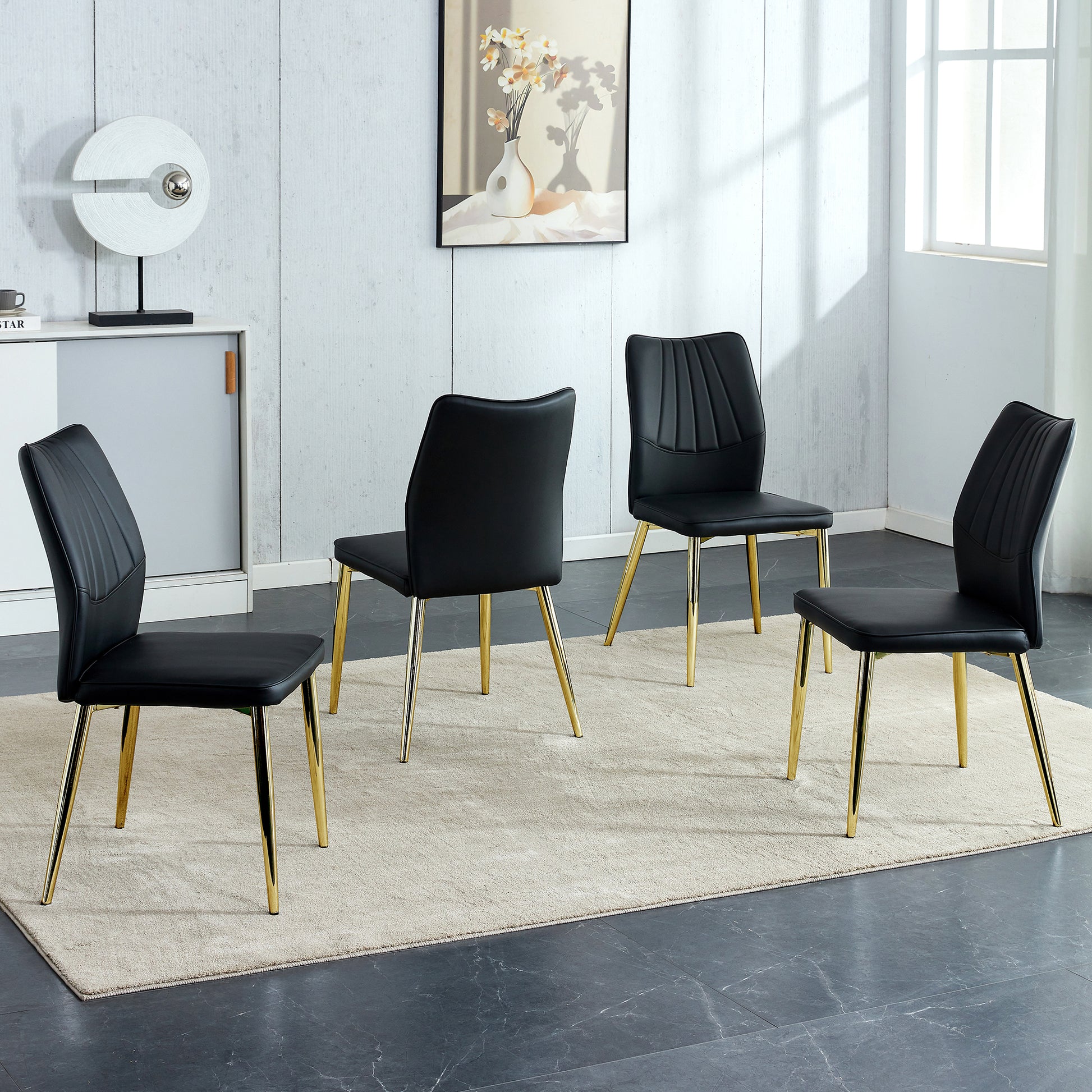 Four Black Dining Chairs. A Medieval Modern Chair Made Of Pu Material With Soft Cushions, Equipped With Golden Metal Legs. Suitable For Restaurants And Living Rooms Black Pu