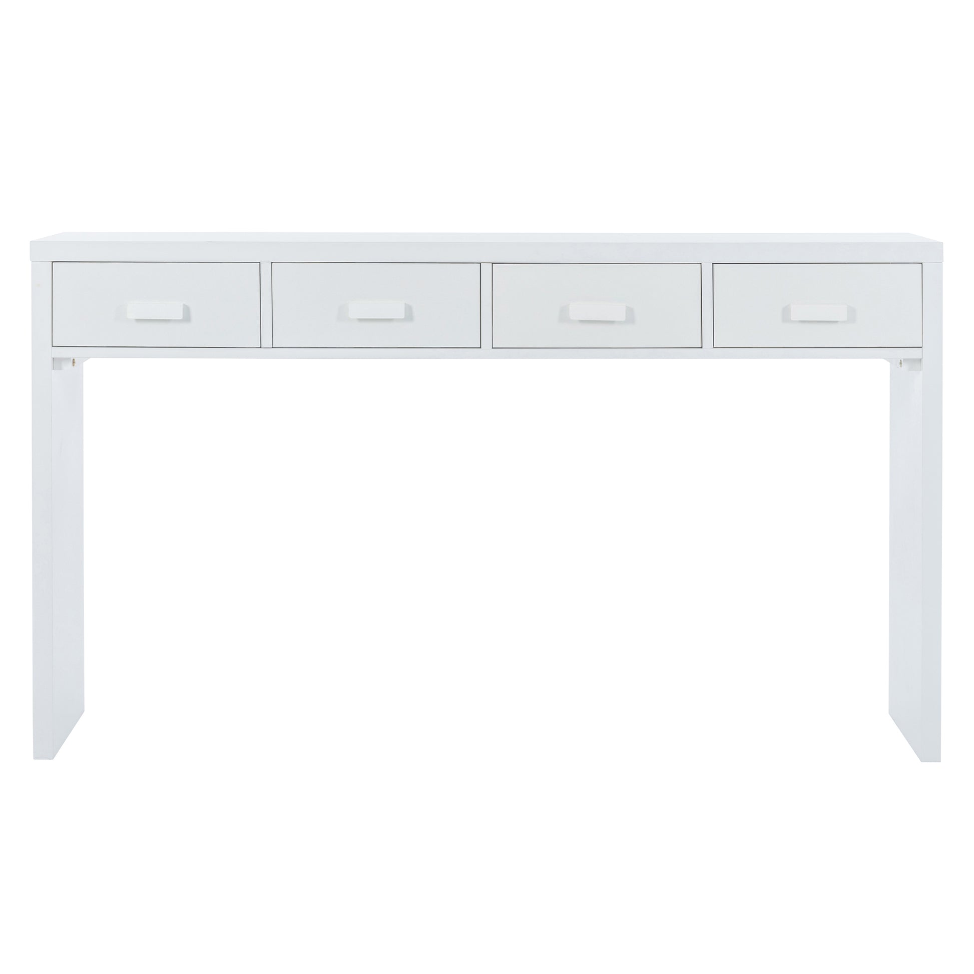 Modern Minimalist Console Table With Open Tabletop And Four Drawers With Metal Handles For Entry Way, Living Room And Dining Room White White Mdf