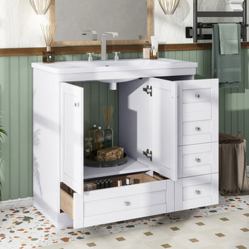 Video 36 Inch Shaker Style Free Standing Bathroom Vanity Cabinet With Sink, 4 Soft Close Drawers And 2 Soft Close Doors White Mdf