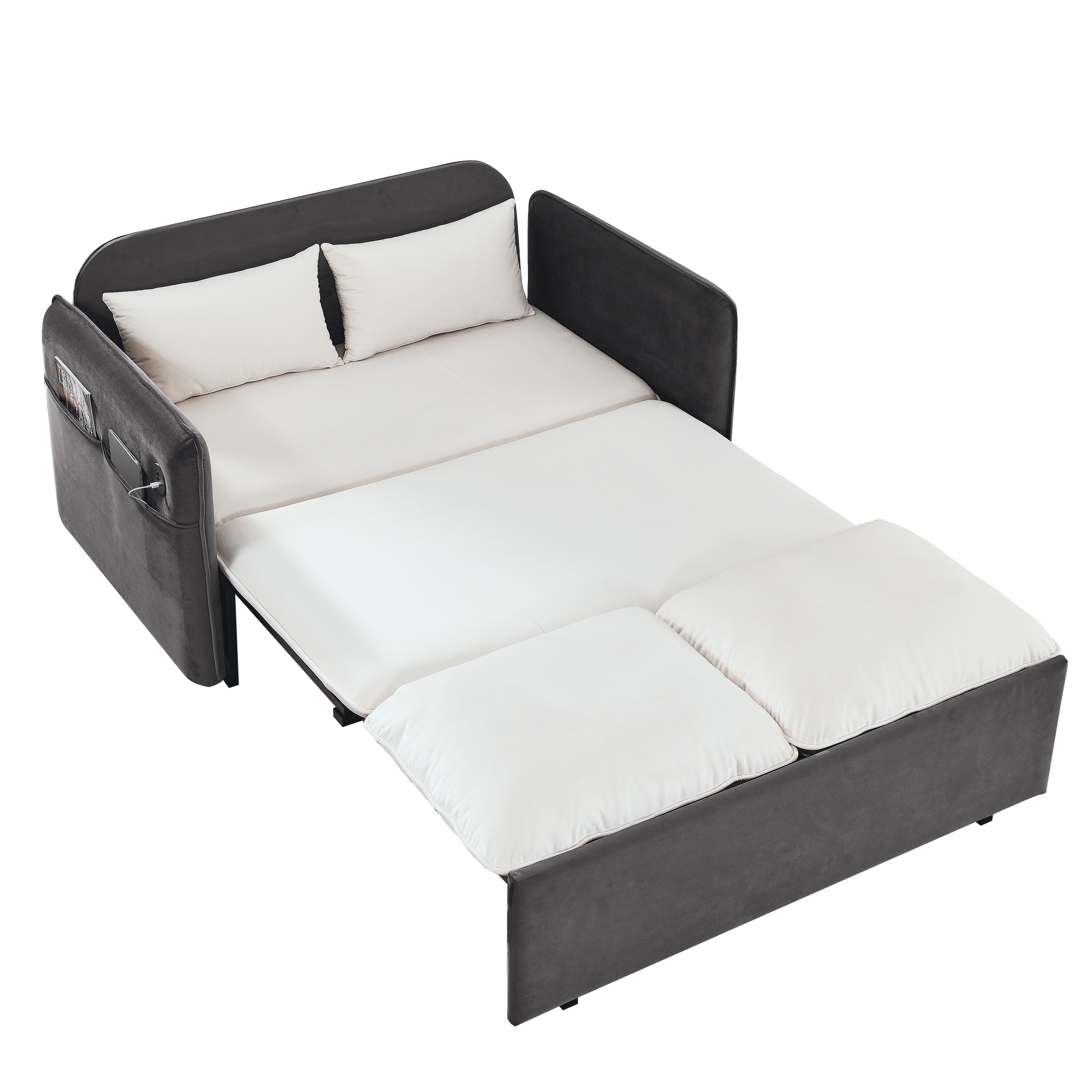 53" Modern Convertible Sofa Bed W 2 Removable Armrests W Usb Power Port, Velvet Recliner Adjustable Sofa W Head Pull Out Bed, 2 Pillows, For Living Room Apartment Etc., White Grey Beige Grey Foam Velvet