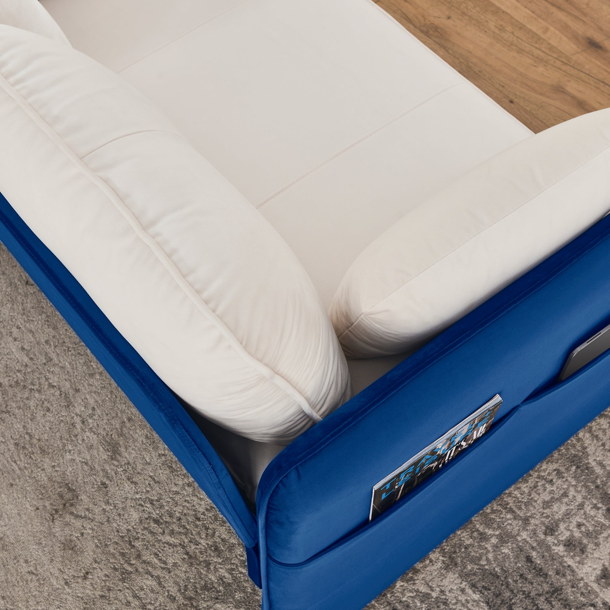 53" Modern Convertible Sofa Bed W 2 Removable Armrests W Usb Power Port, Velvet Recliner Adjustable Sofa W Head Pull Out Bed, 2 Pillows, For Living Room Apartment Etc., White Blue Beige Blue Foam