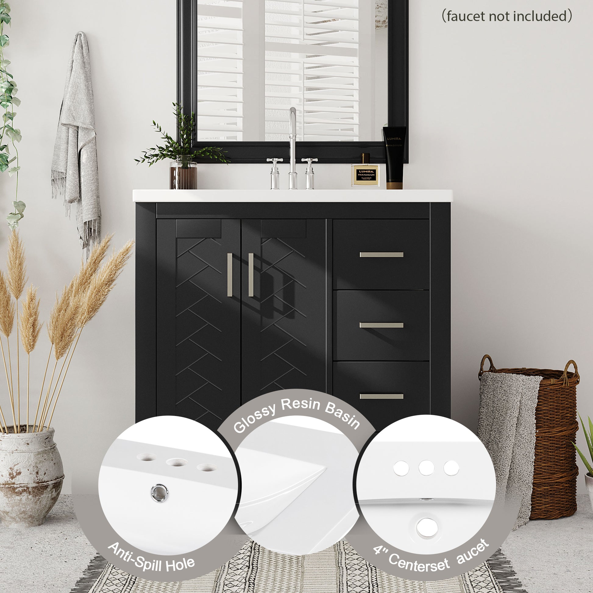 30'' Bathroom Vanity With Resin Sink Combo,Solid Wood Frame Bathroom Storage Cabinet, Freestanding Vanity Set With 3 Drawers& Soft Closing Doors 2 Black 2 1 Adjustable Hinges Bathroom Freestanding Solid Wood Mdf Resin Painted