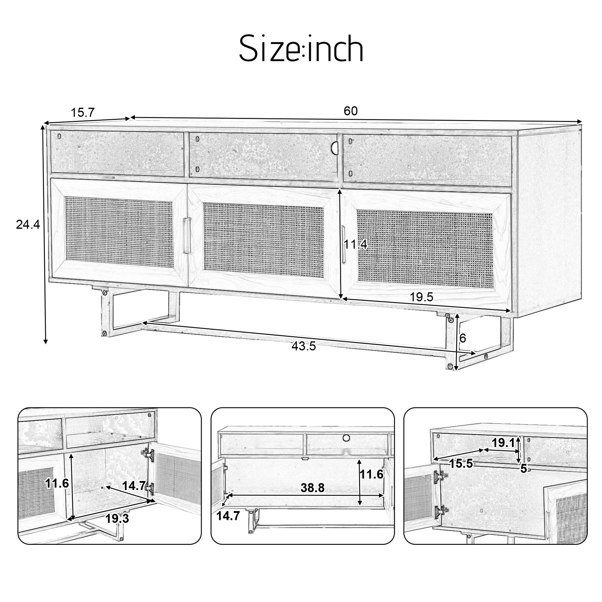 Retro Rattan Tv Stand 3 Door Media Console With Open Shelves For Tv Stand Under 75'' Walnut Walnut Mdf