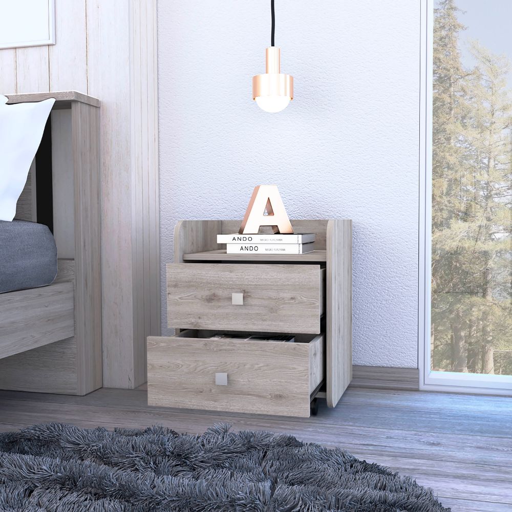 Nightstand 22"H, Two Drawers, Superior Top, Metal Handle, Four Wheels, Light Gray Gray 2 Drawers Contemporary,Modern Pine Particle Board Engineered Wood