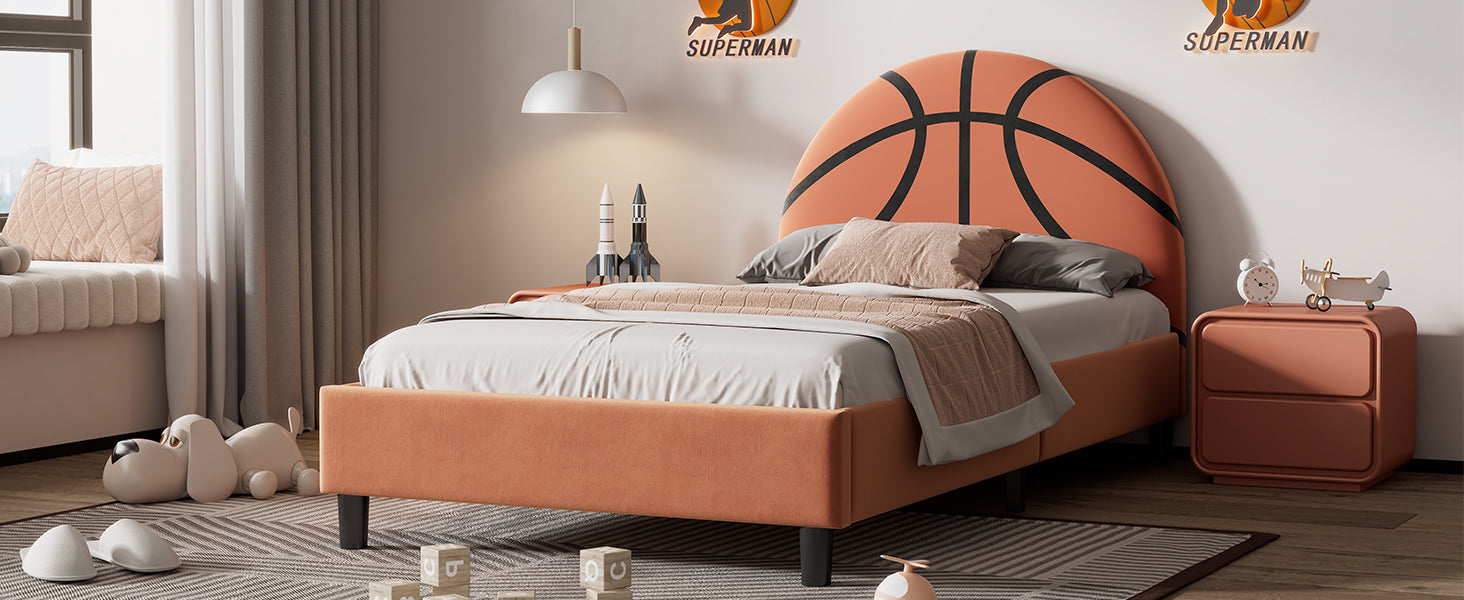 Basketball Design Upholstered Twin Platform Bed Sport Style Bed For Boys & Girls, Teens, Orange Box Spring Not Required Twin Orange Wood Bed Frame Velvet Velvet